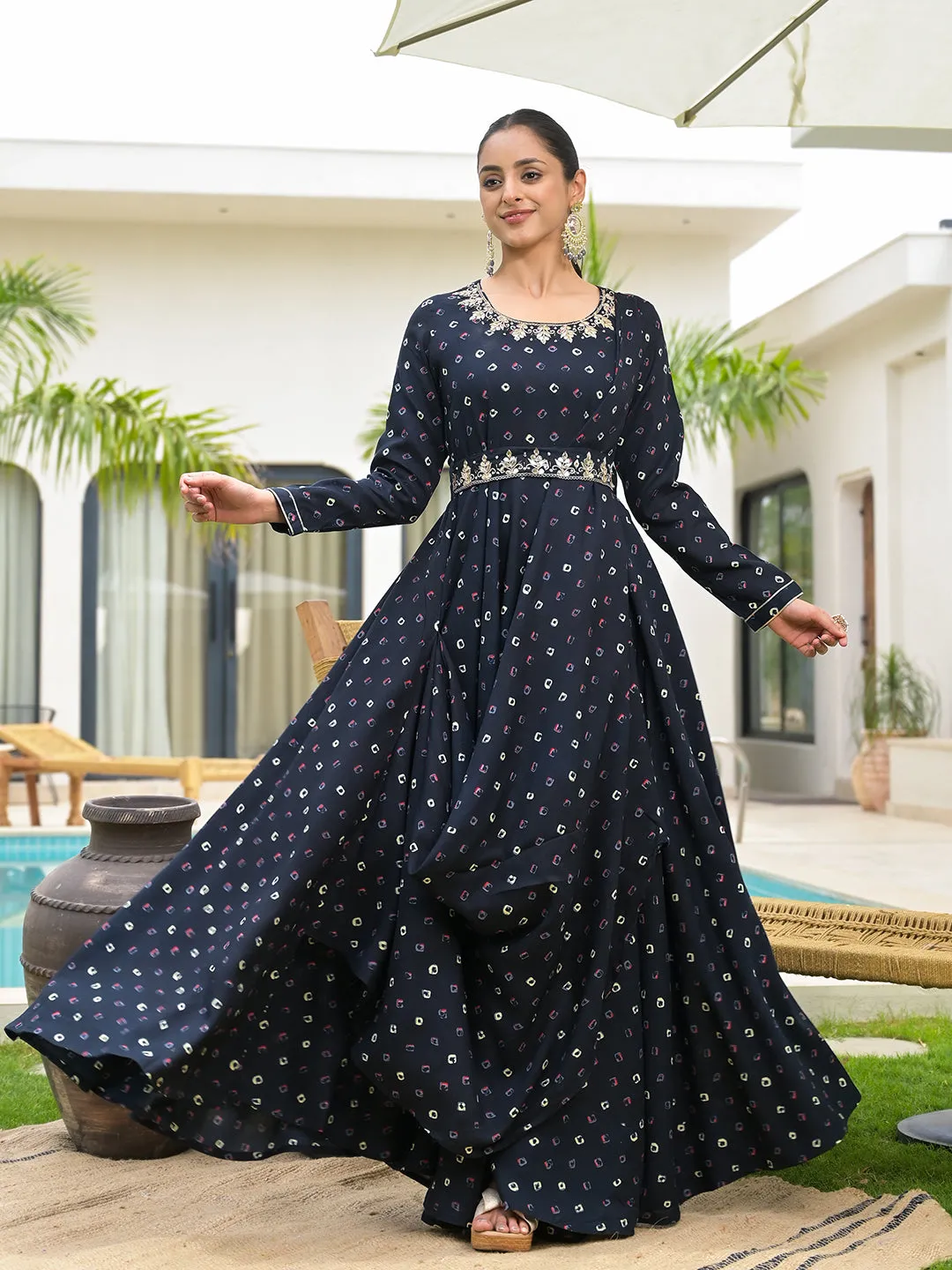 Jashvi Navy Blue Bandhani Print Flared Long Dress with Belt