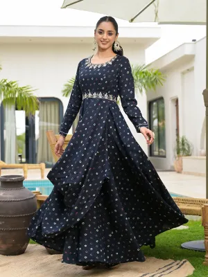 Jashvi Navy Blue Bandhani Print Flared Long Dress with Belt