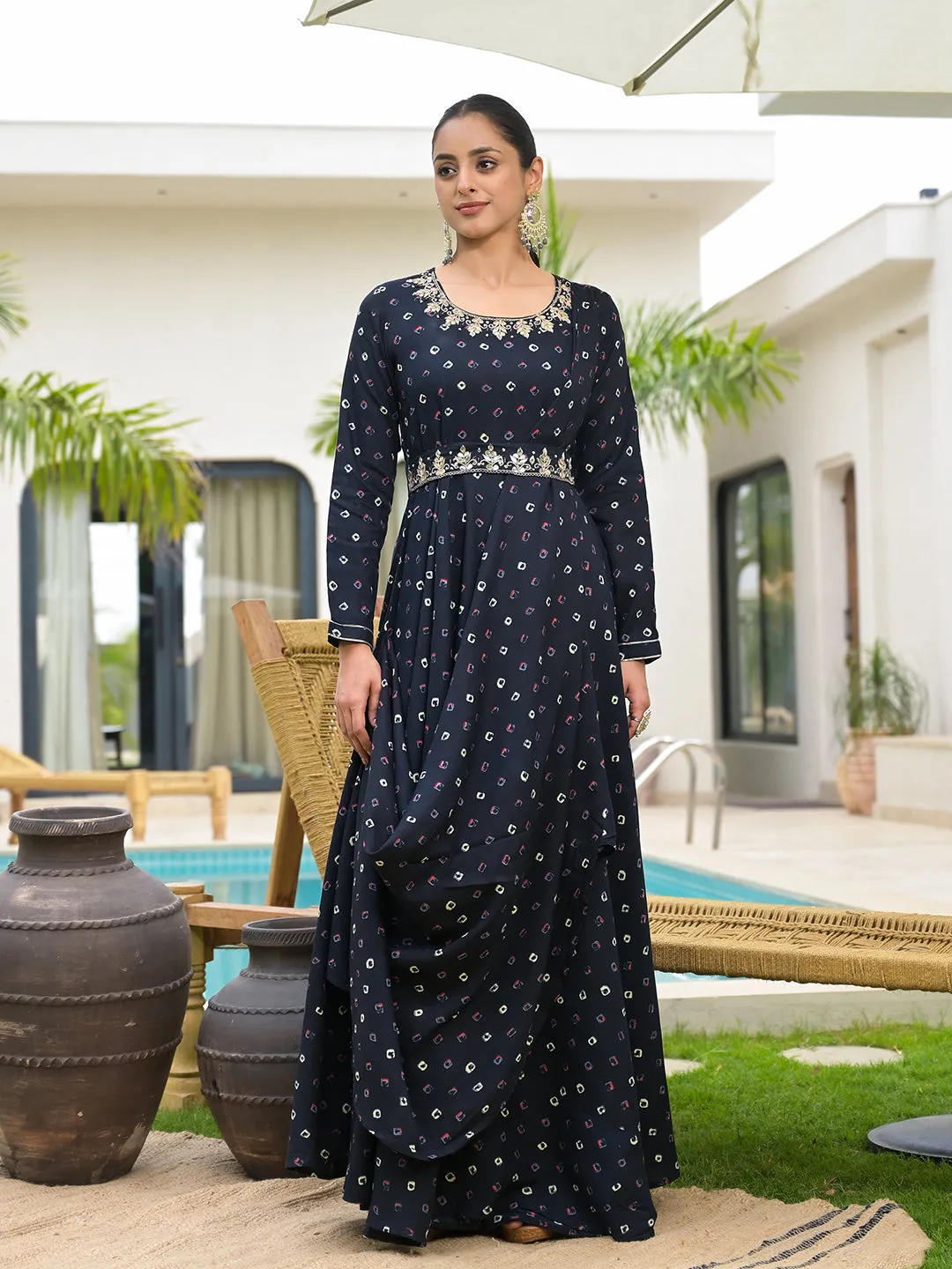 Jashvi Navy Blue Bandhani Print Flared Long Dress with Belt