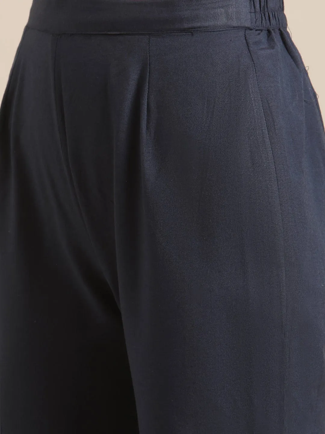 Ksut Navy Blue White Printed Regular Beads Stones Kurta With Trousers