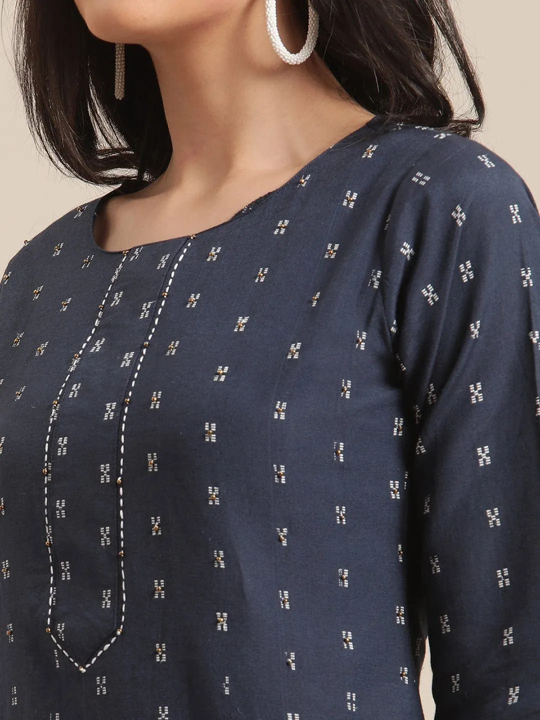 Ksut Navy Blue White Printed Regular Beads Stones Kurta With Trousers