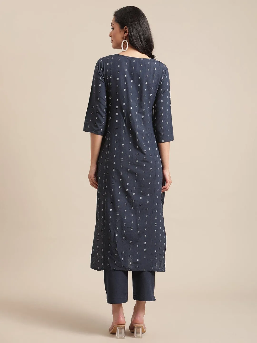 Ksut Navy Blue White Printed Regular Beads Stones Kurta With Trousers