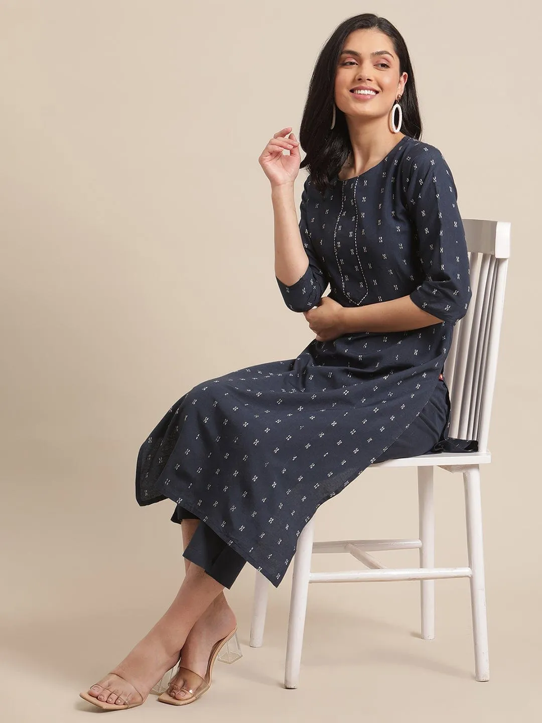 Ksut Navy Blue White Printed Regular Beads Stones Kurta With Trousers