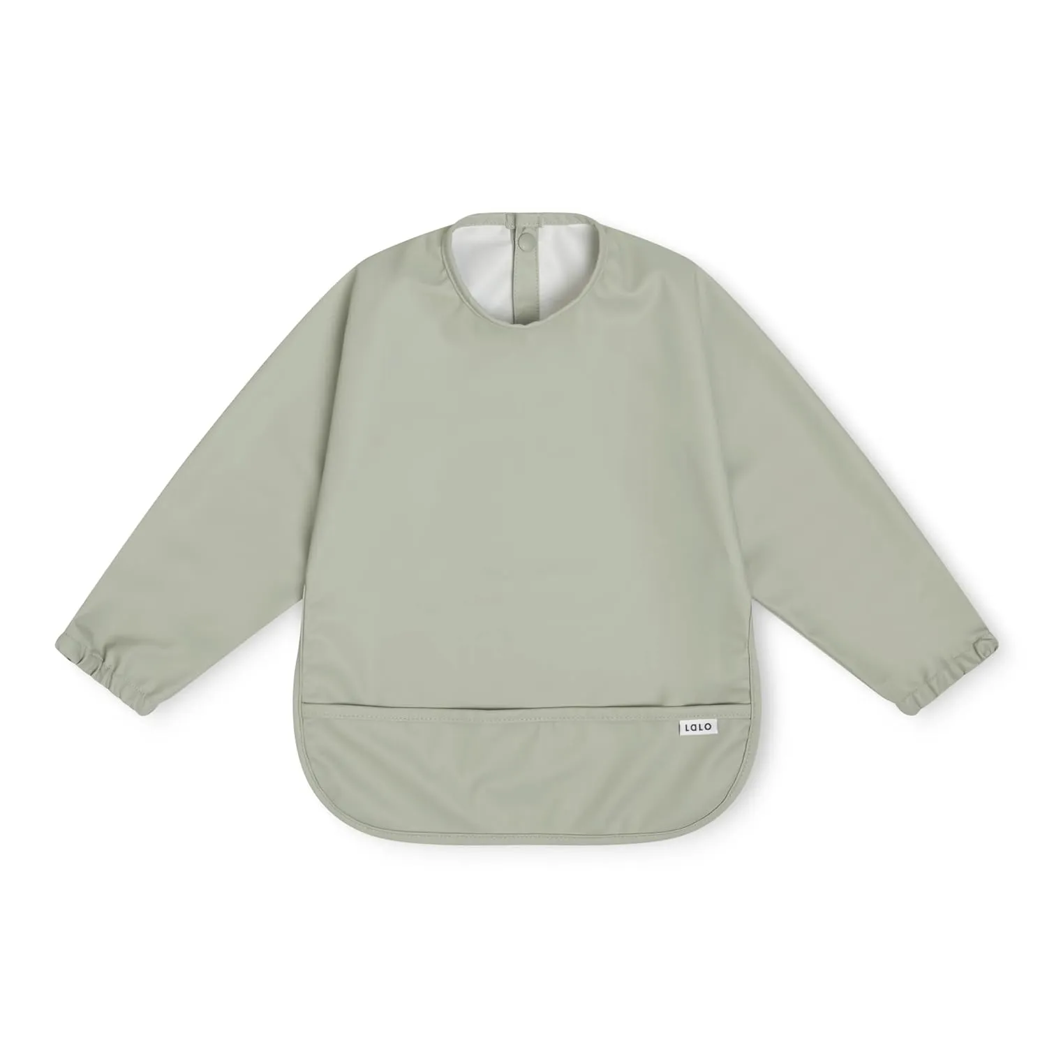 Lalo Smock Bib - Long Sleeve Baby Bib, Elastic Cuffs for Comfort, Large Catch-All Pocket, Waterproof Recycled Polyester - Durable Baby Smock Bib for Mealtime & Playtime - Ages 6-24 Mo. - Sage