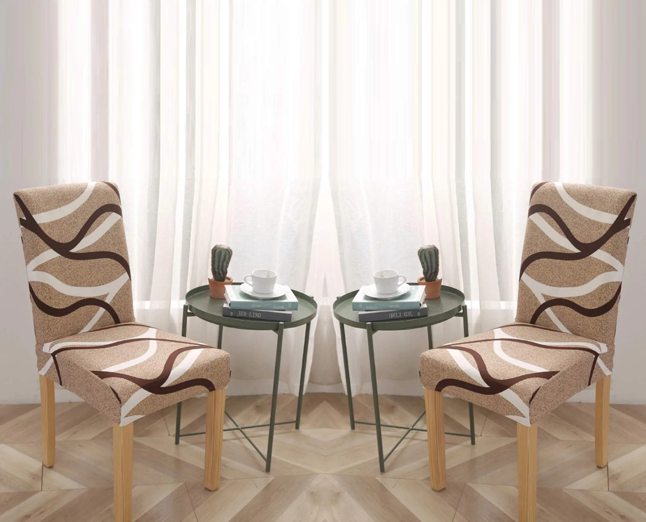 Lukzer 6PC Elastic Stretchable Dining Chair Cover Universal Protective Slipcover (Beige Lining Design / 6Covers), Polyester