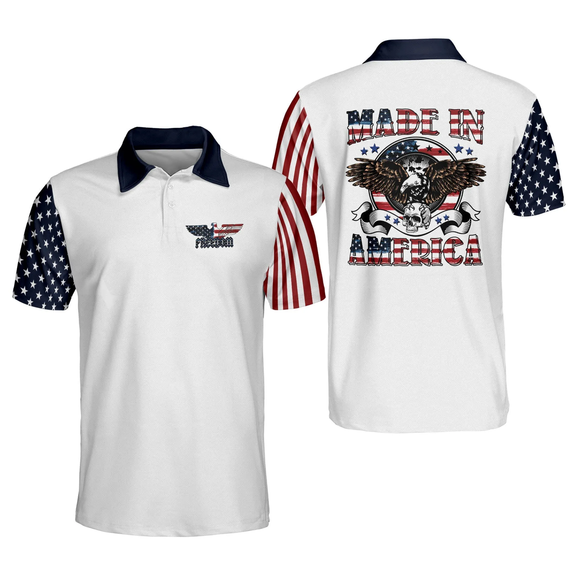 Made In American Eagle Polo Shirt, 3D Printed Independence Day Shirt, Skull Shirt