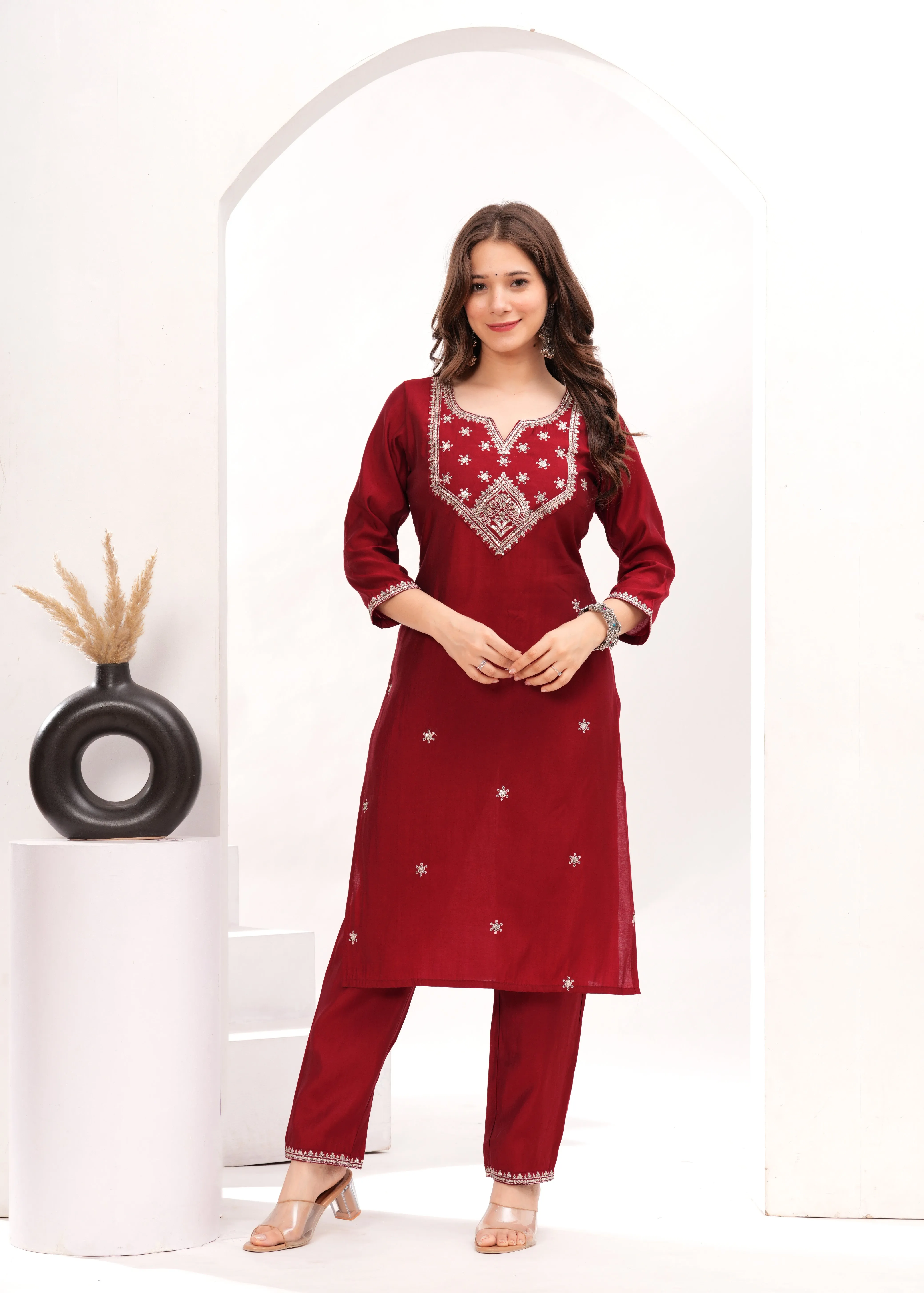 Maroon Silk Blend Kurta Suit Set