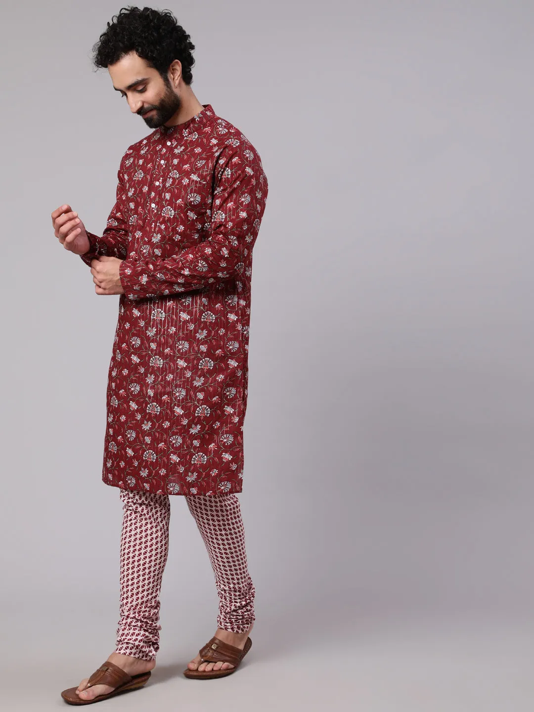 Men's Maroon White Floral Print Kurta With Churidar - Aks Men