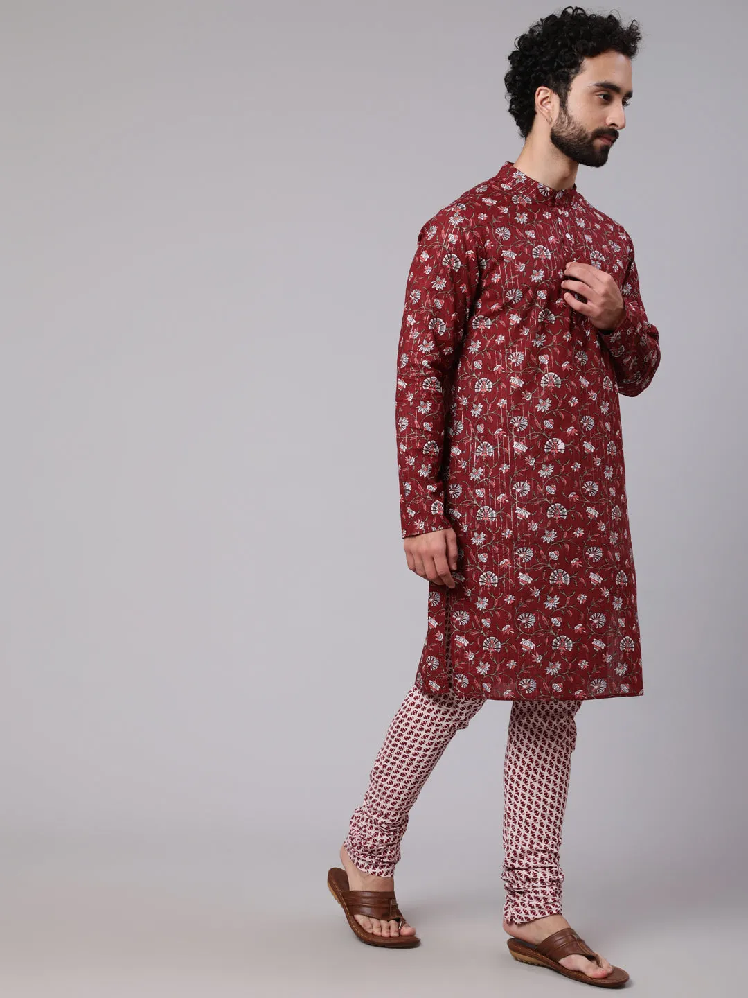 Men's Maroon White Floral Print Kurta With Churidar - Aks Men