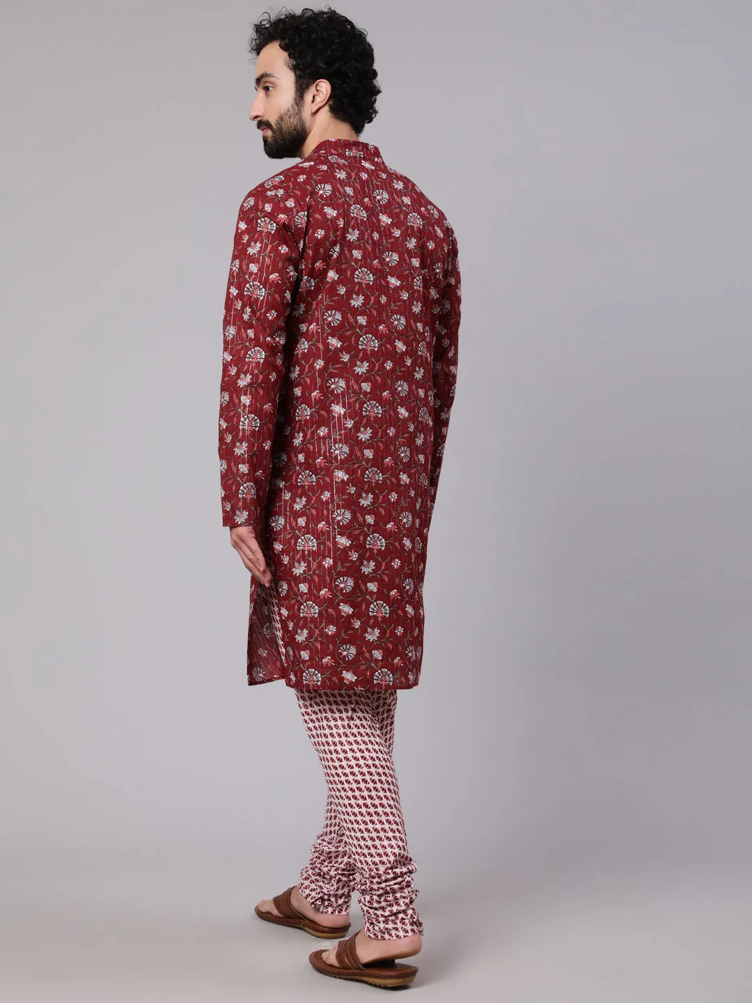 Men's Maroon White Floral Print Kurta With Churidar - Aks Men