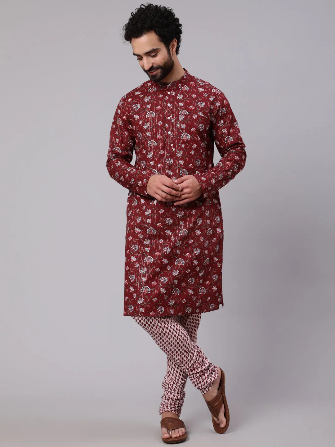 Men's Maroon White Floral Print Kurta With Churidar - Aks Men