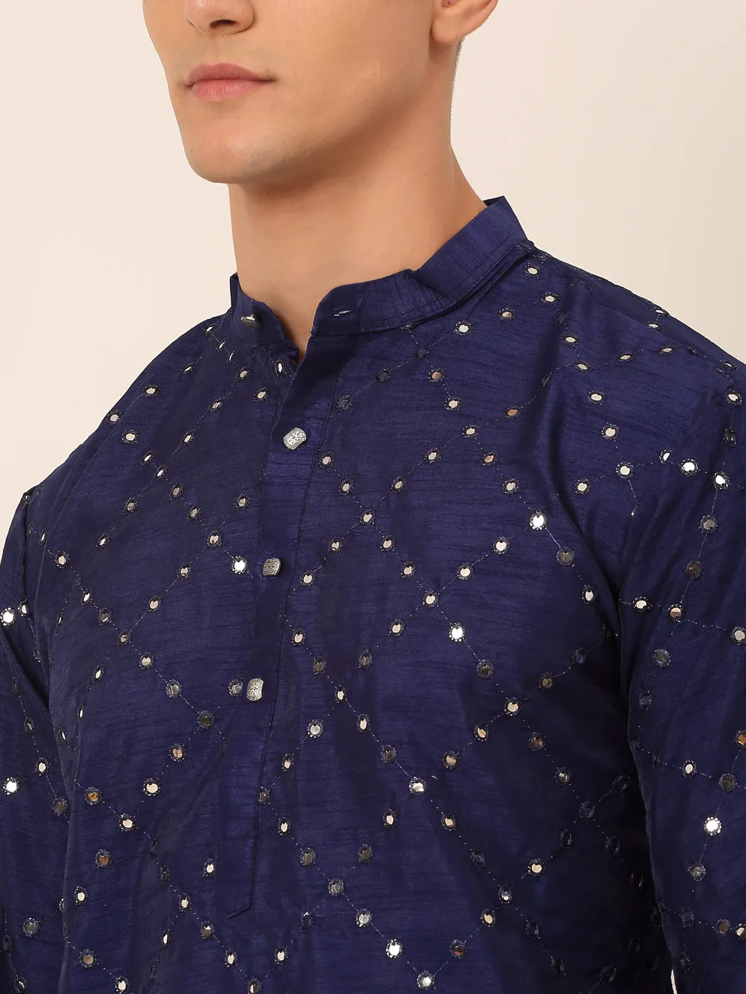 Men's Navy Blue Mirror Work Kurta Only ( Ko 659 Navy ) - Virat Fashions USA