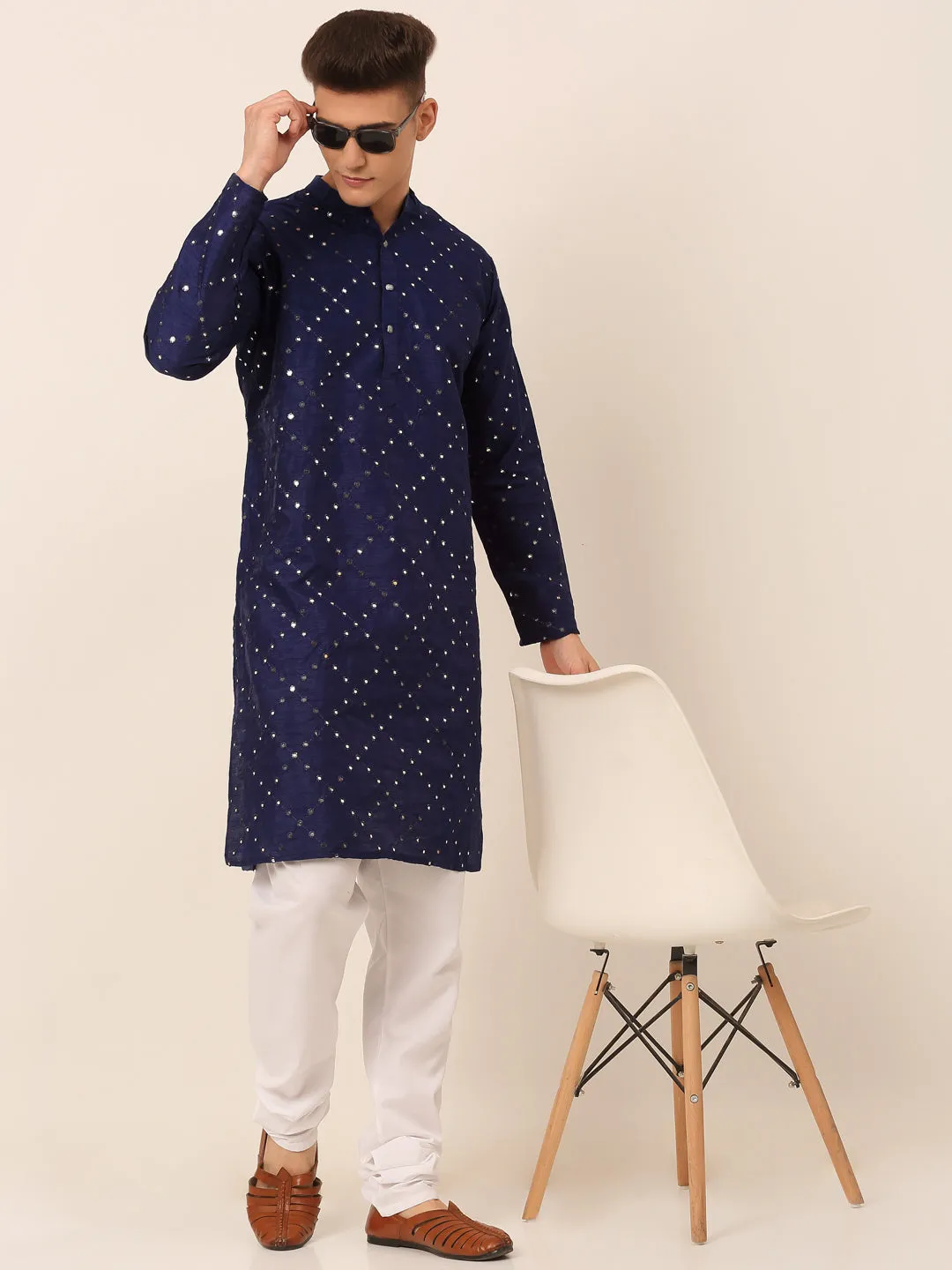 Men's Navy Blue Mirror Work Kurta Only ( Ko 659 Navy ) - Virat Fashions USA