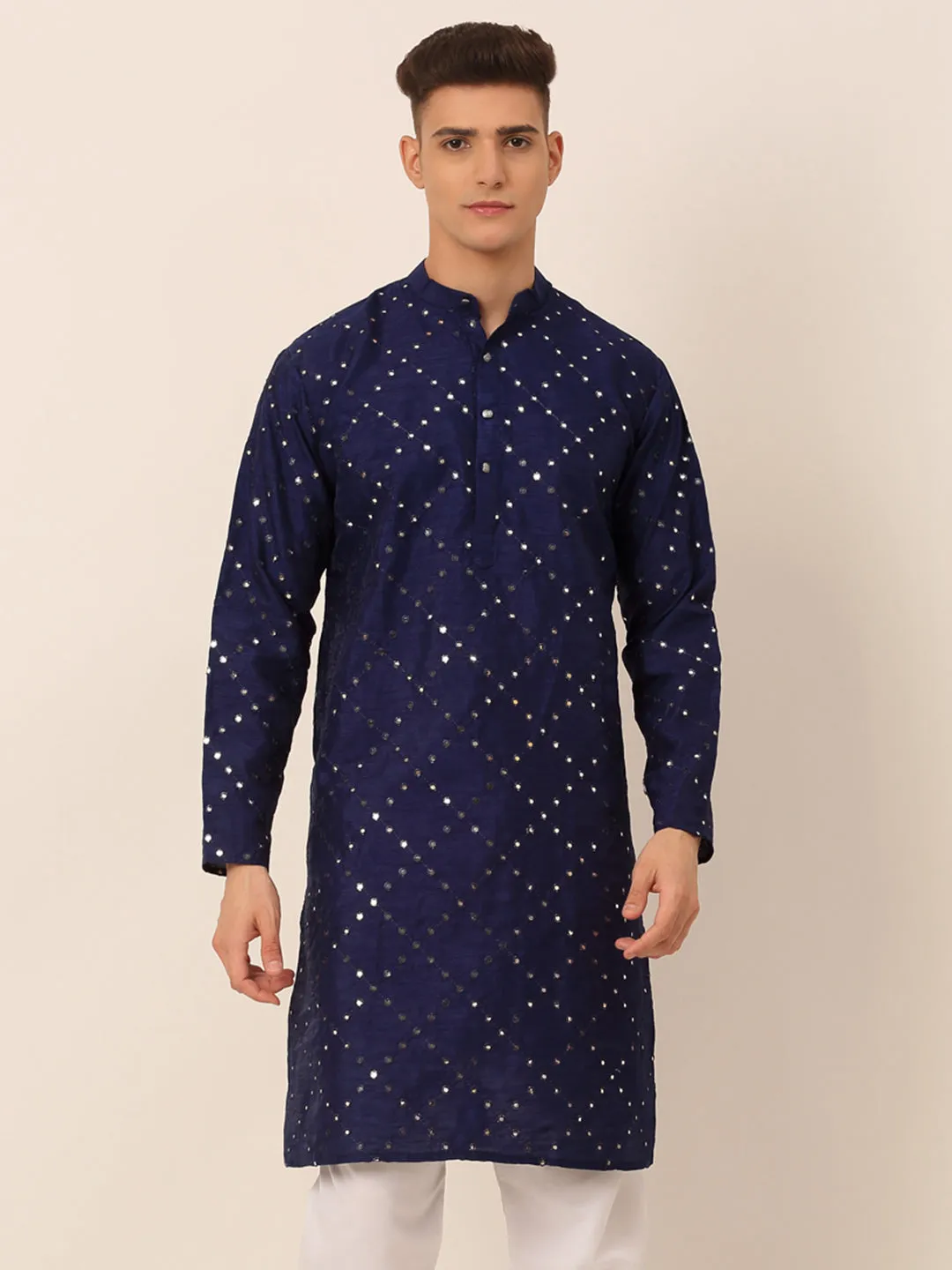 Men's Navy Blue Mirror Work Kurta Only ( Ko 659 Navy ) - Virat Fashions USA