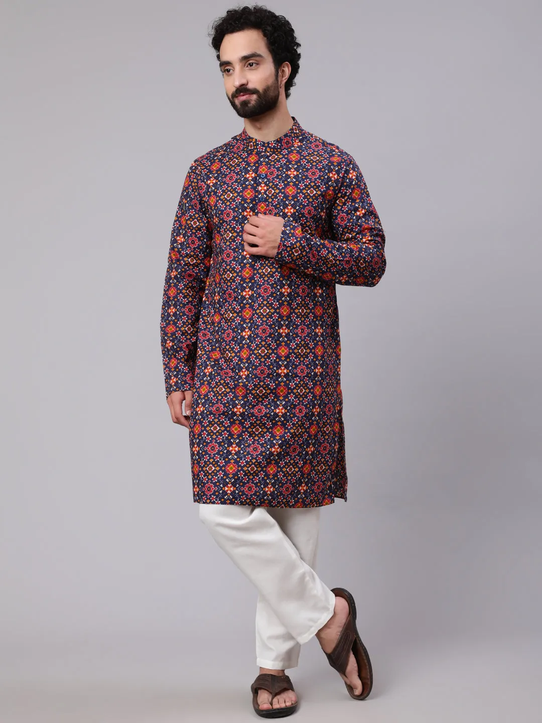 Men's Navy Blue Patola Print Long Kurta - Aks Men