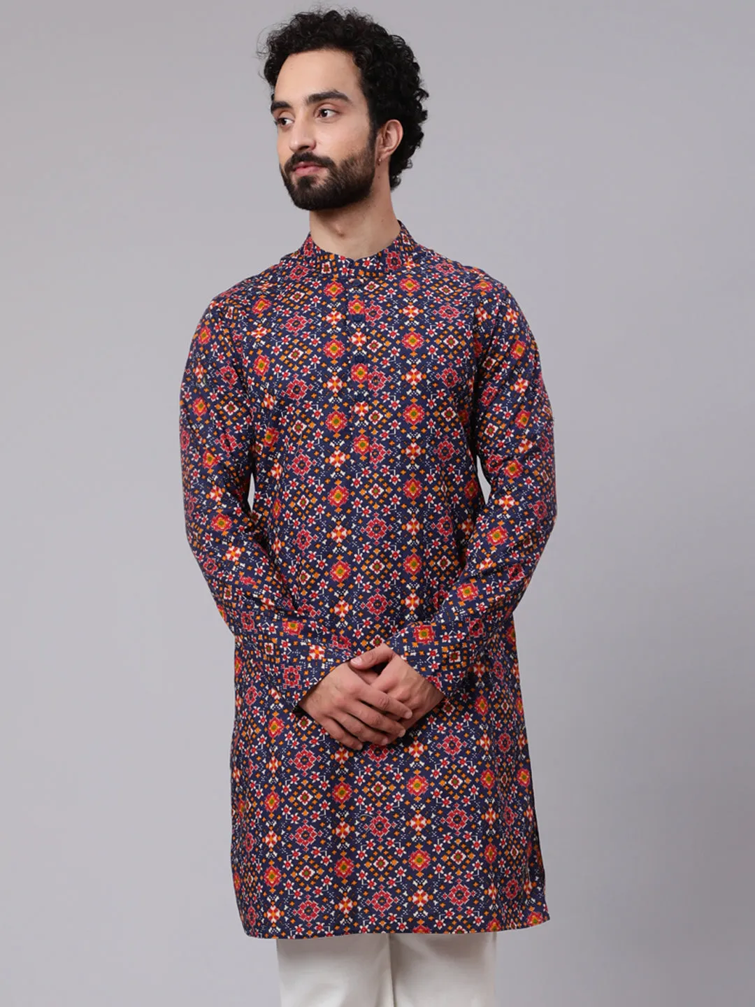 Men's Navy Blue Patola Print Long Kurta - Aks Men