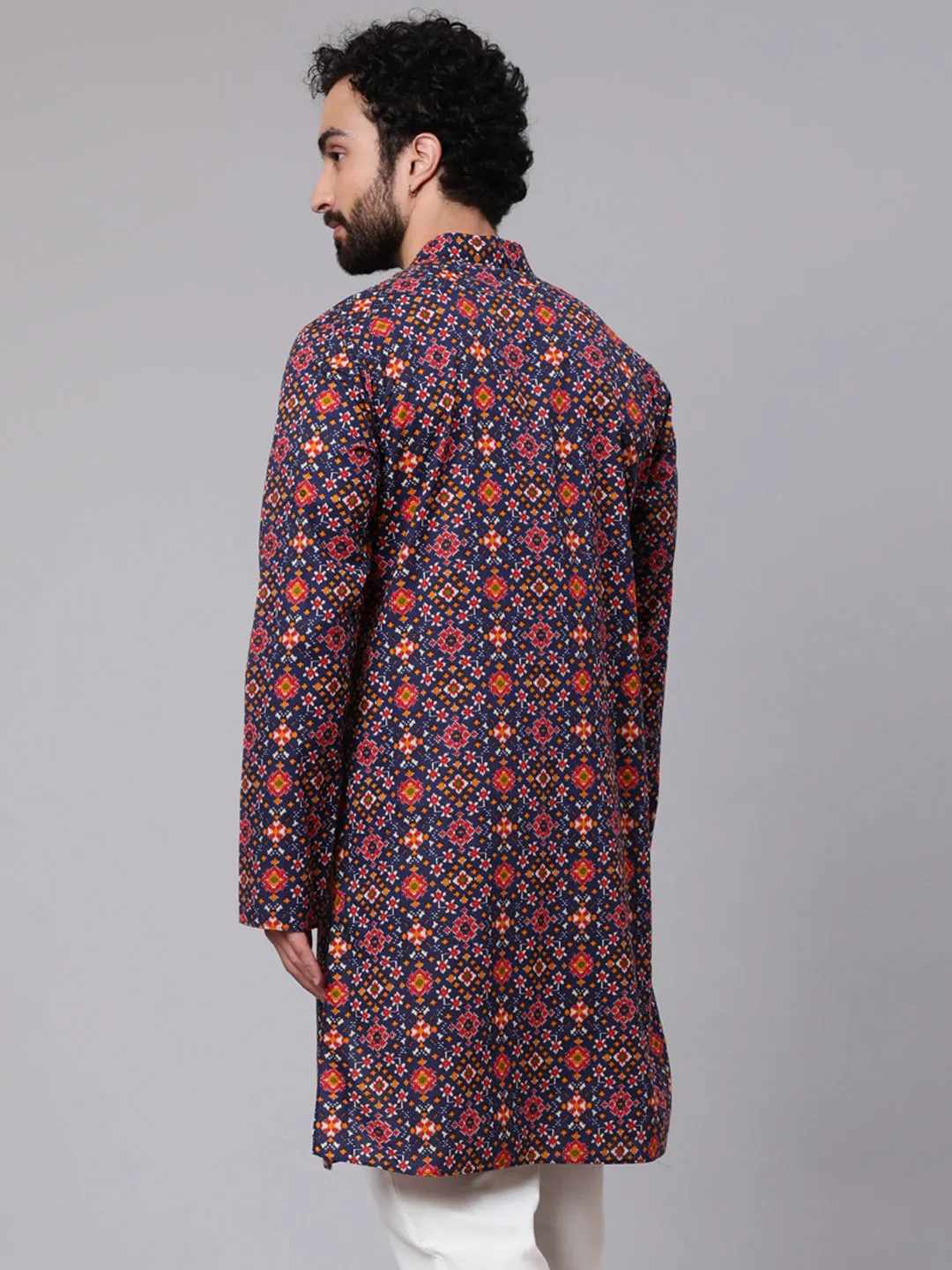 Men's Navy Blue Patola Print Long Kurta - Aks Men