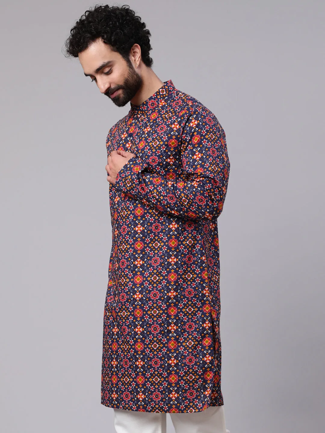 Men's Navy Blue Patola Print Long Kurta - Aks Men