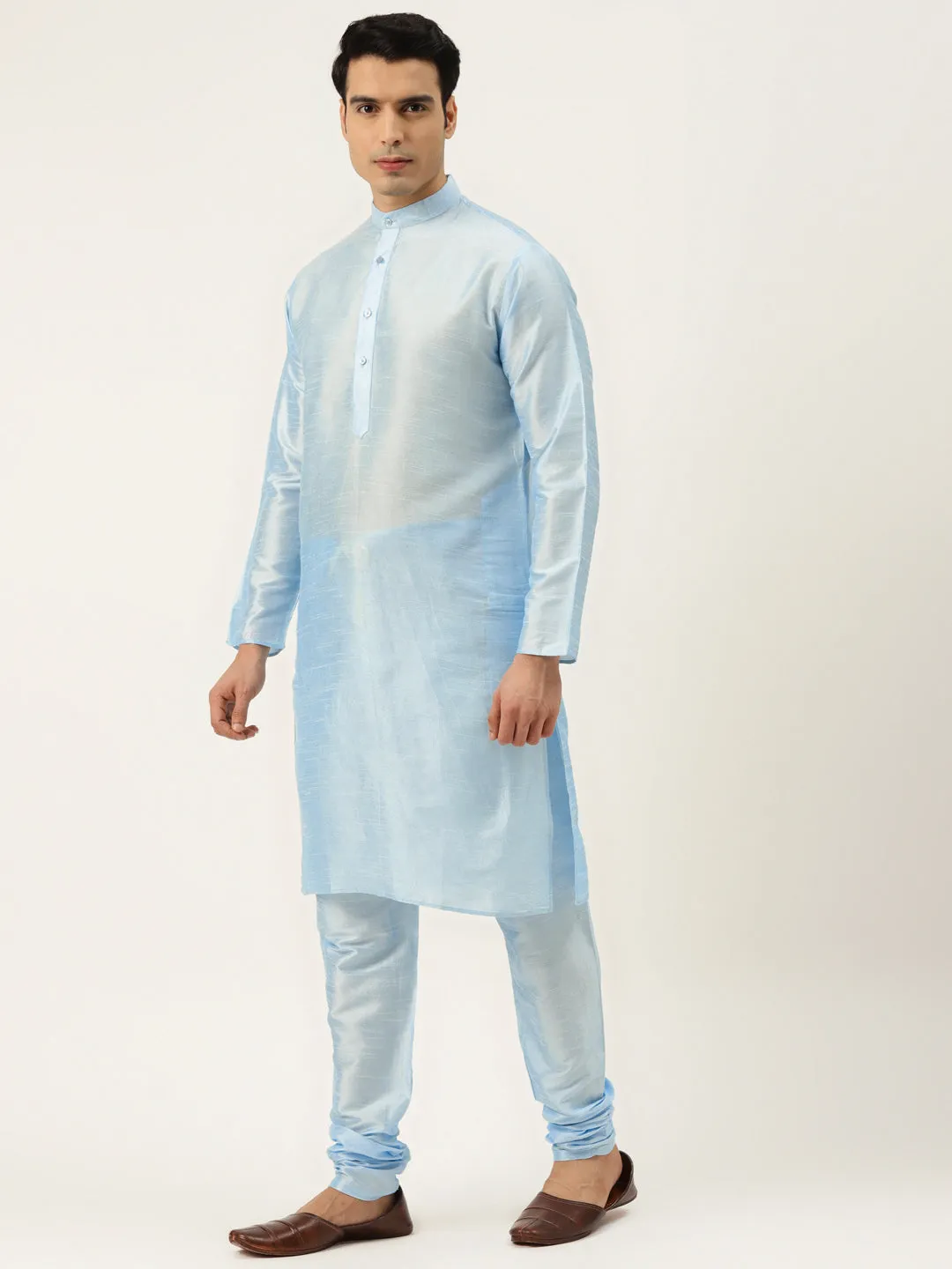 Men's Silk Blend Sky Blue Kurta Pyjama & Navy Sherwani Set - Sojanya