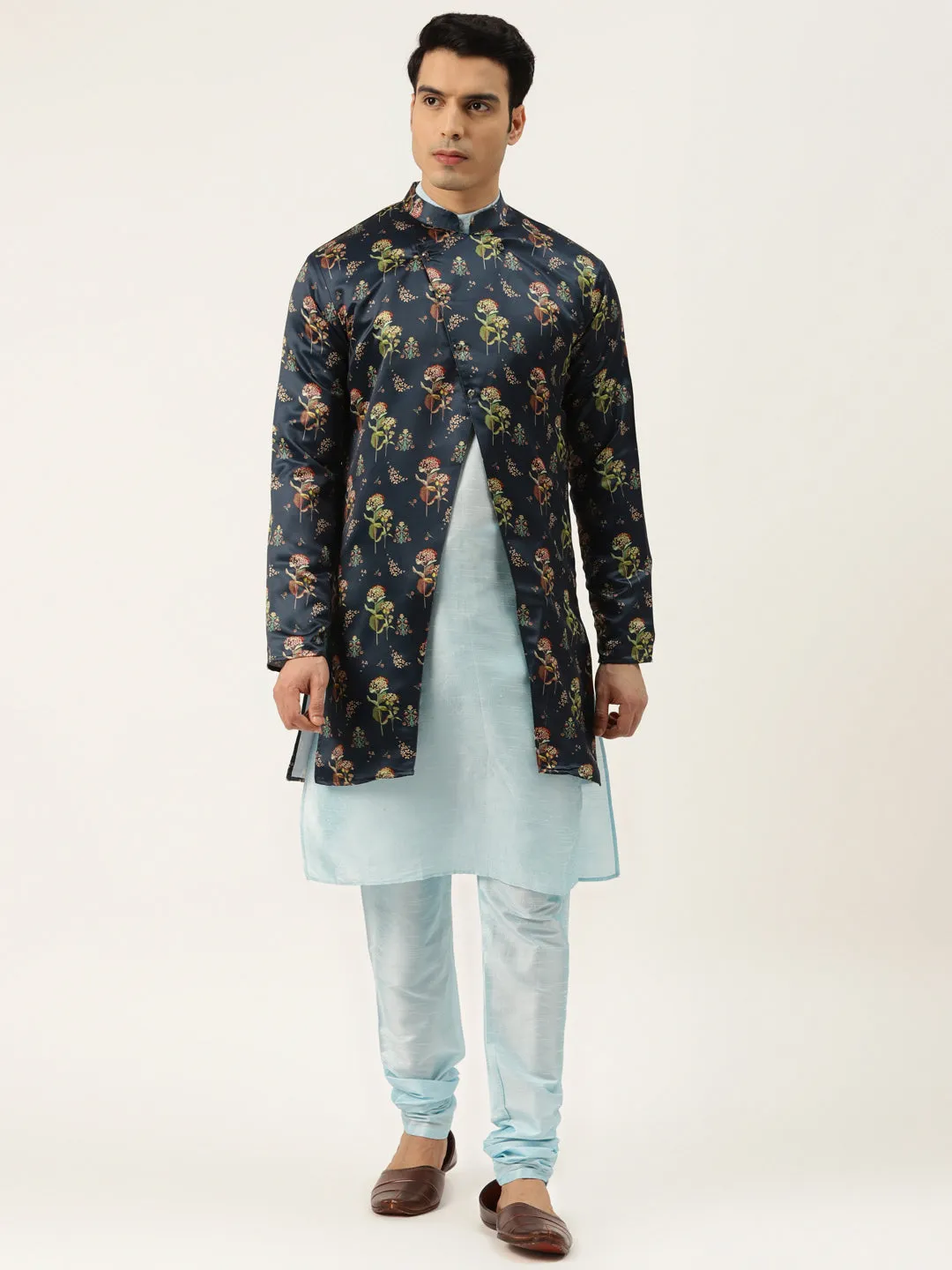 Men's Silk Blend Sky Blue Kurta Pyjama & Navy Sherwani Set - Sojanya