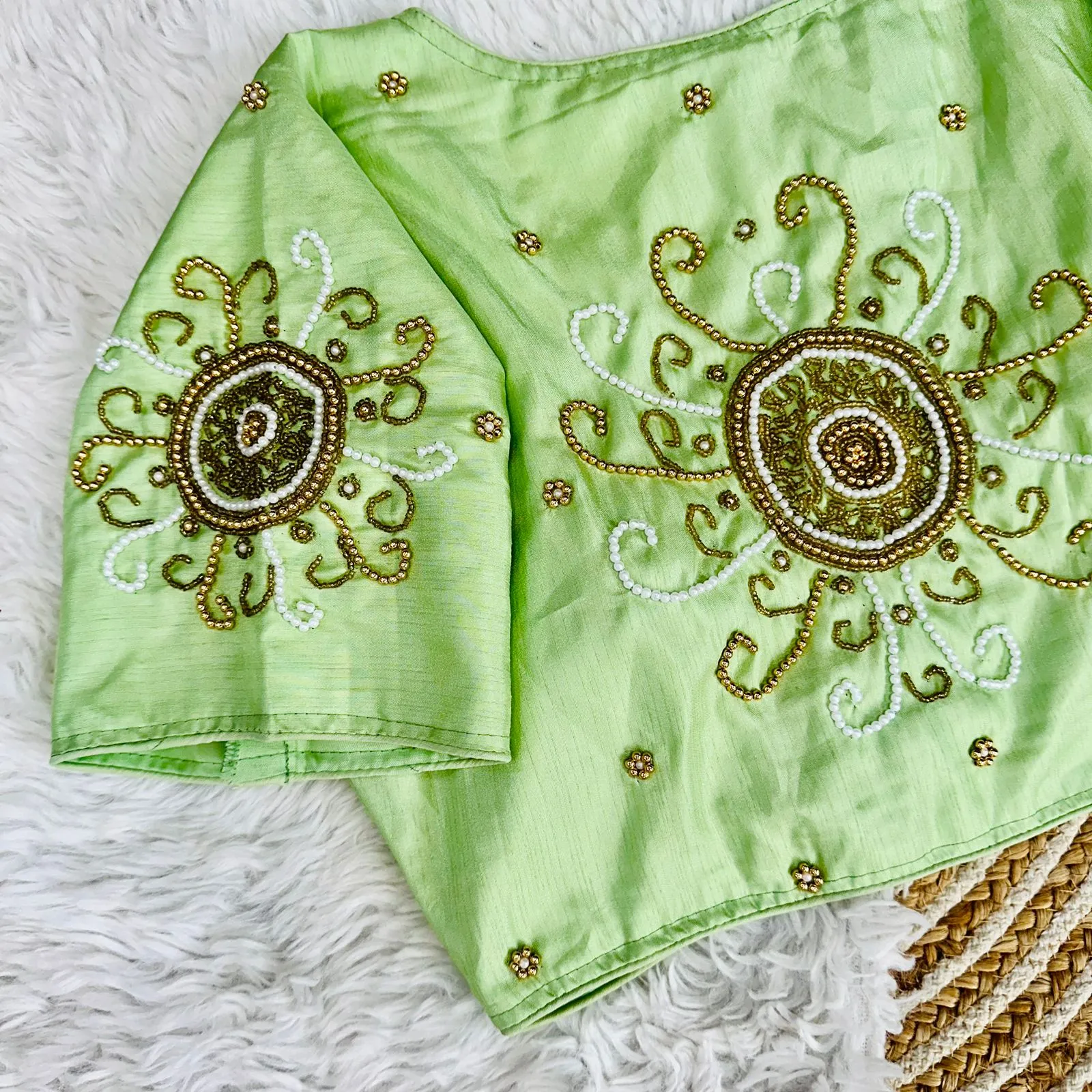 Mint Green Golden Handcrafted Makhana Silk Blouse with White Pearl Accents