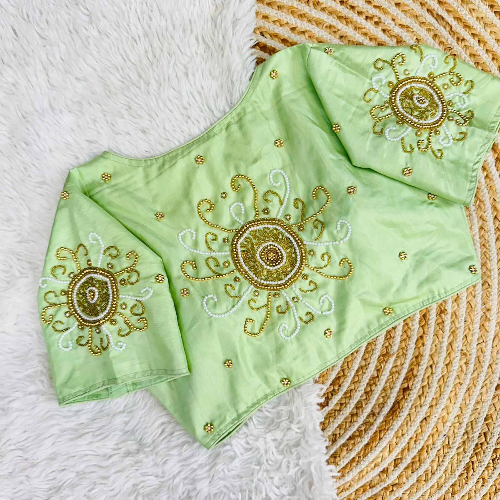 Mint Green Golden Handcrafted Makhana Silk Blouse with White Pearl Accents