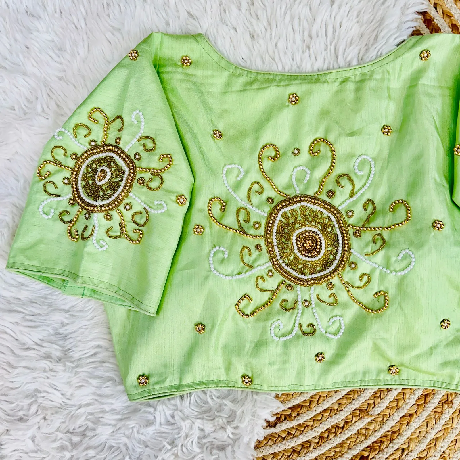 Mint Green Golden Handcrafted Makhana Silk Blouse with White Pearl Accents