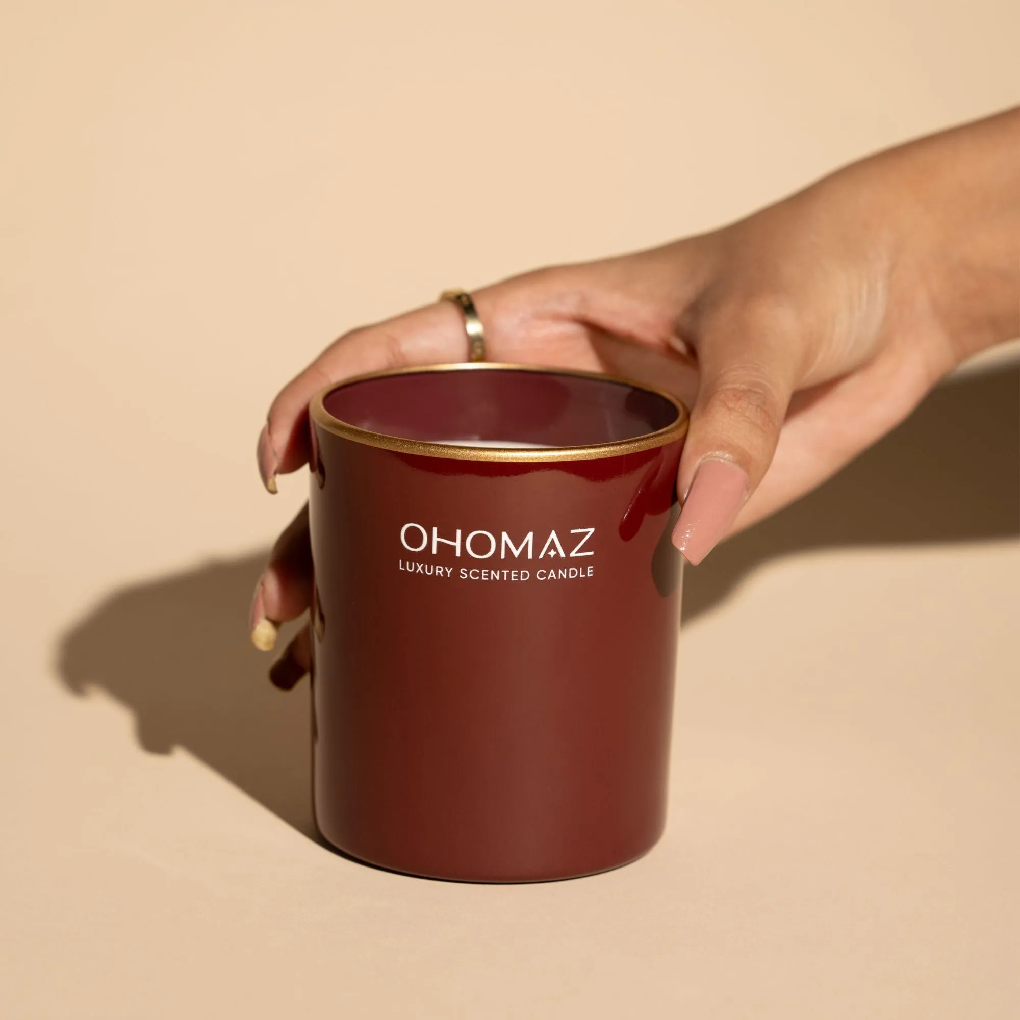 OHOMAZ Enchanted Garden Scented Candle | Majestic Maroon with Gold Rim | 400 gram | Romentic Date Night & Reading Book | Dark Red Rose   Mimosa | Premium Soy Wax | Burn Upto 35 Hrs | Pack of 1