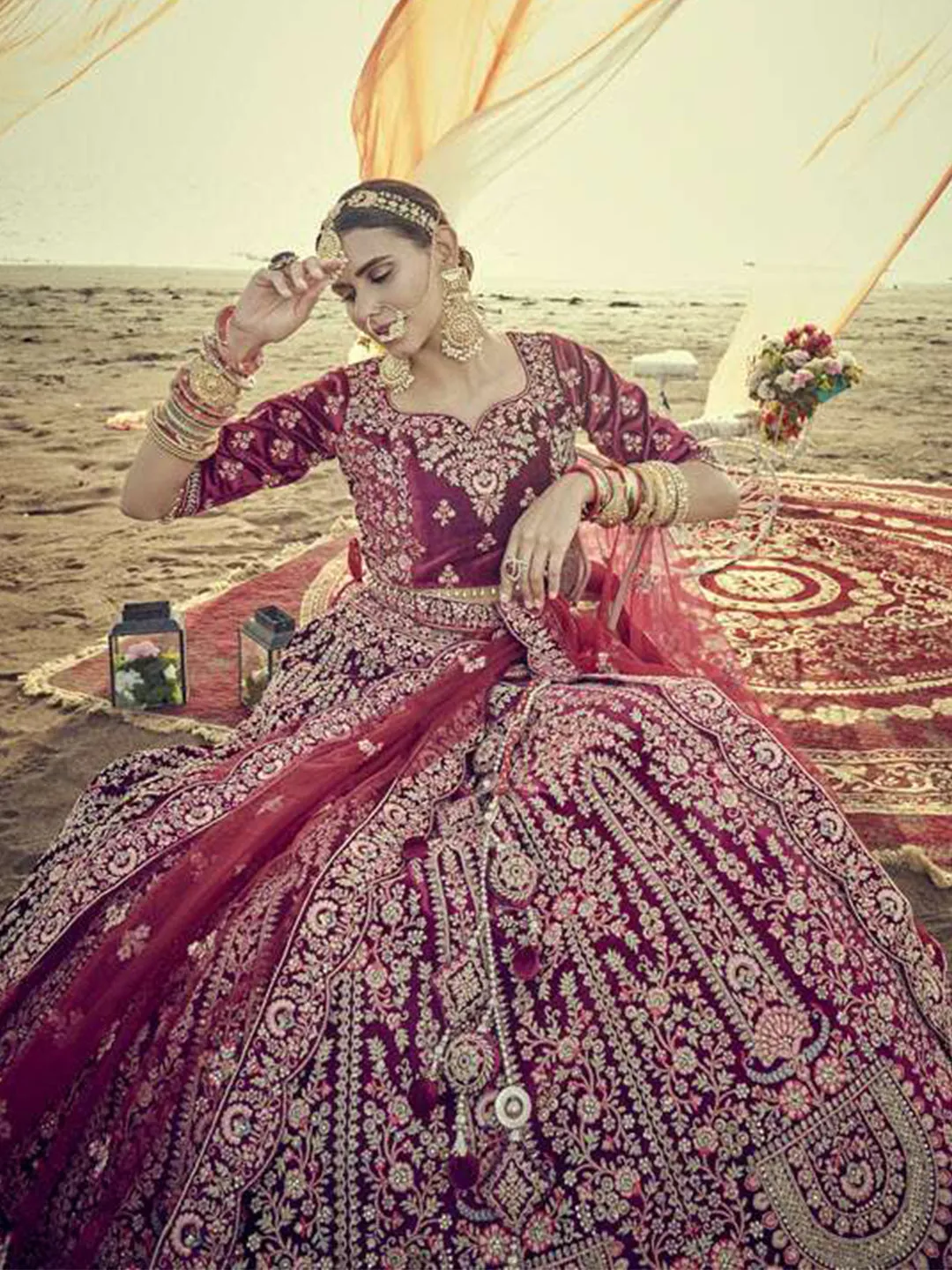 Phenomenal Maroon Zari Embroidery Lehenga Choli For Bride