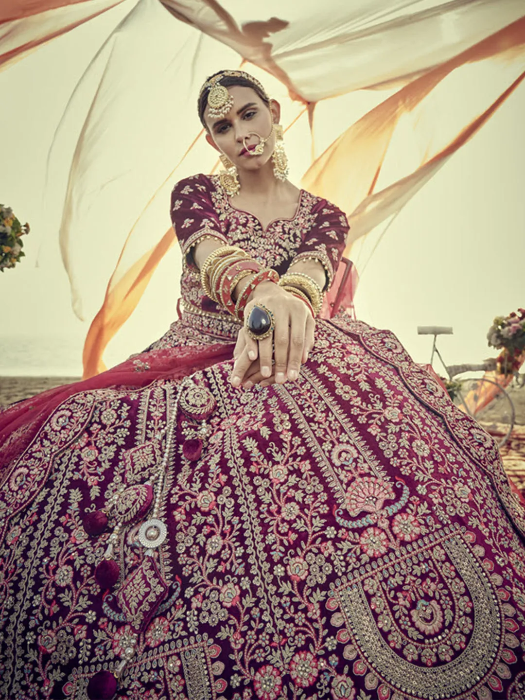Phenomenal Maroon Zari Embroidery Lehenga Choli For Bride