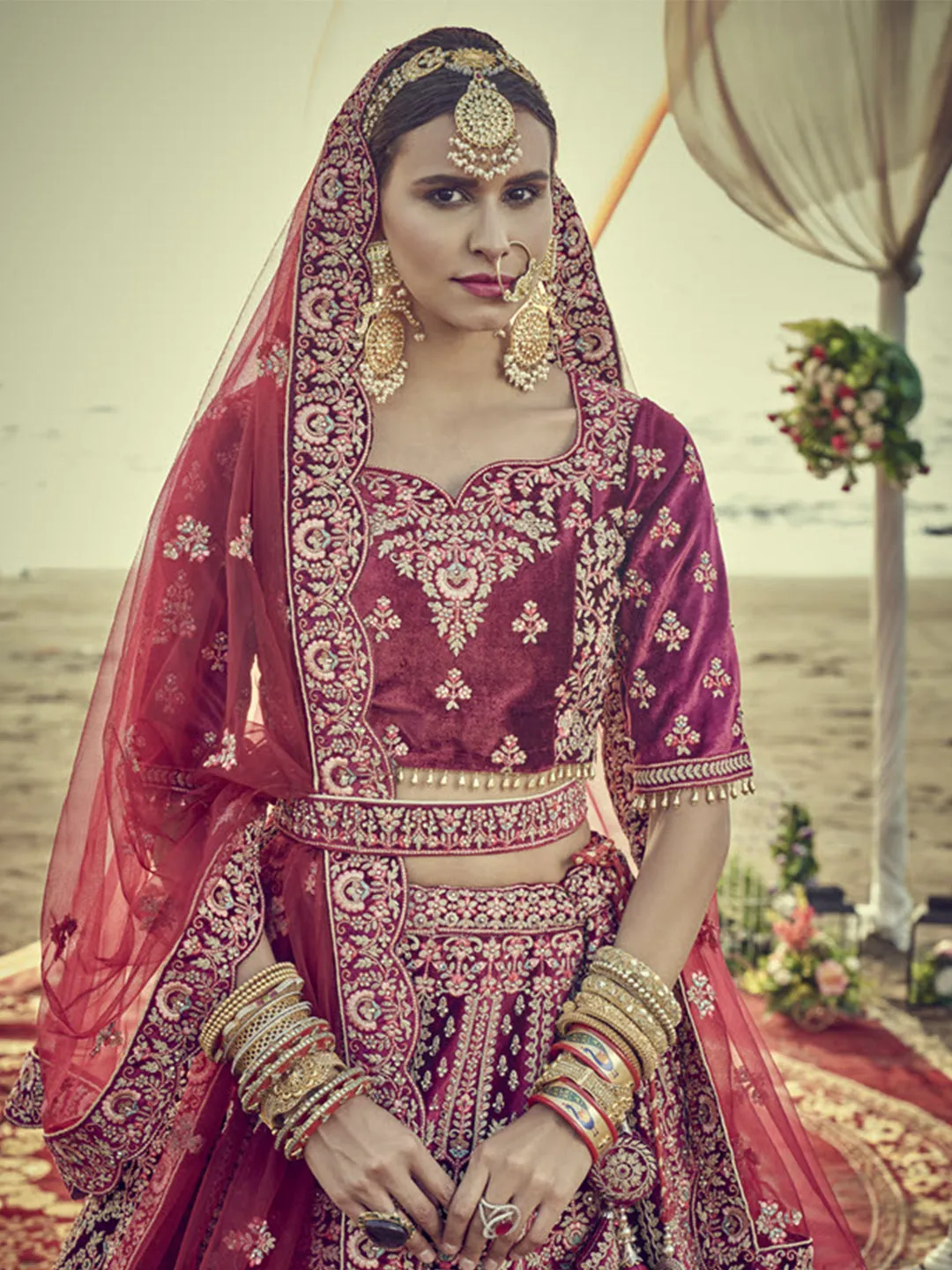 Phenomenal Maroon Zari Embroidery Lehenga Choli For Bride