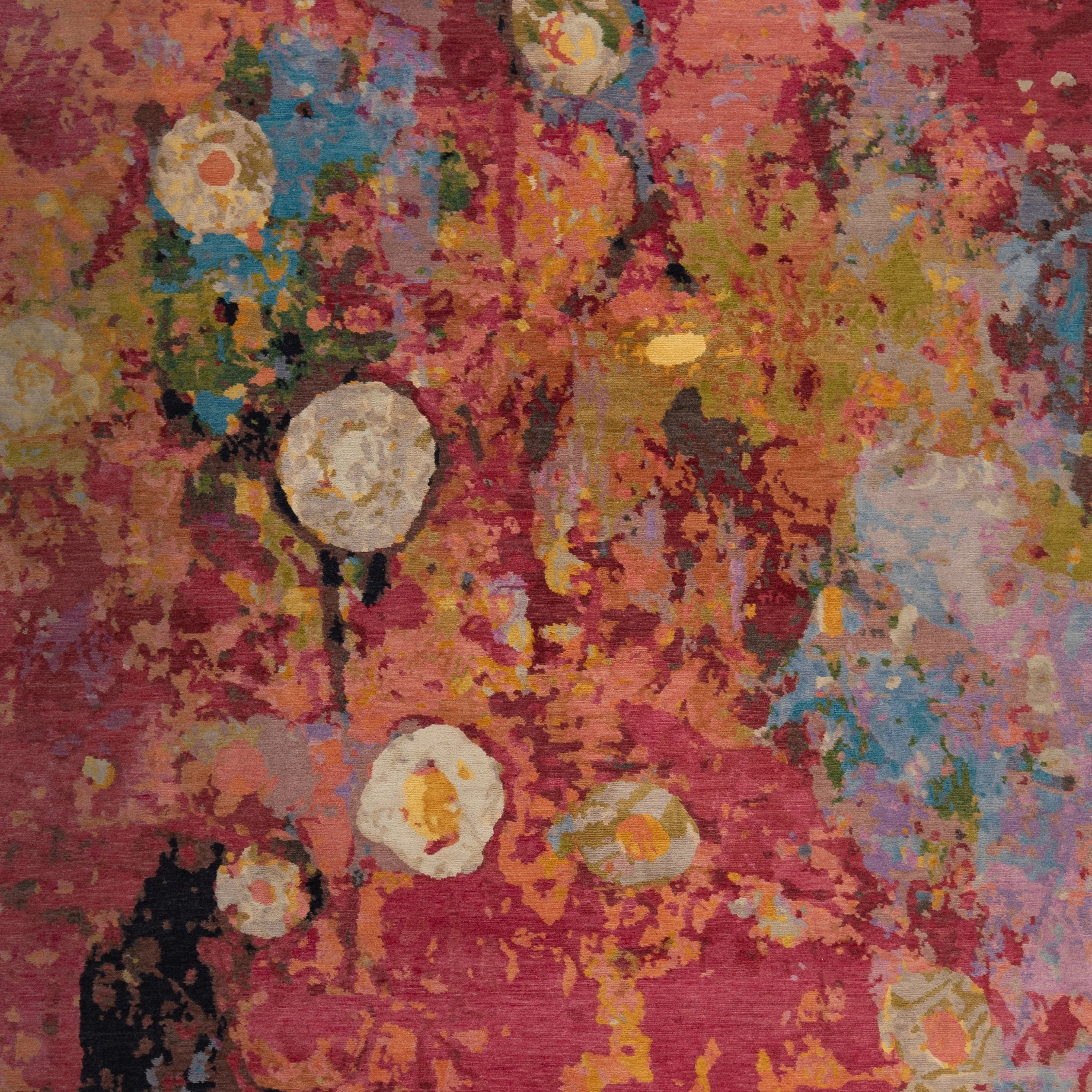 Red Multicolored Aurora Tibetan Modern Wool & Silk Rug - 6' x 9'