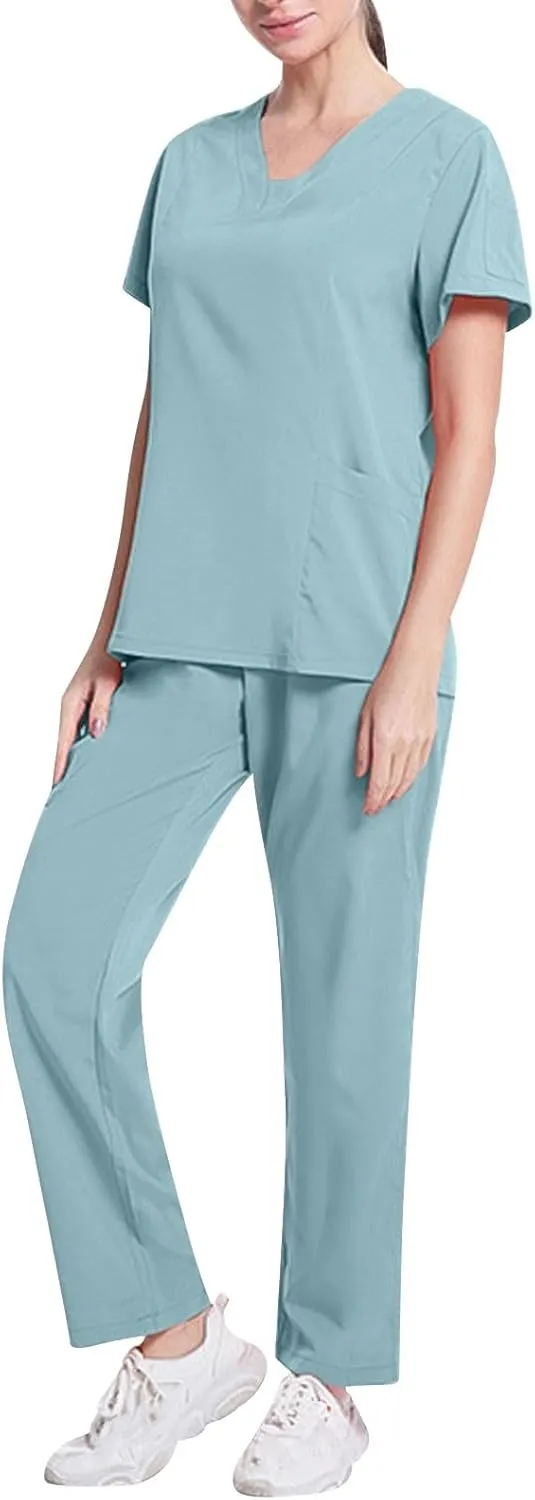 Scrubs Set for Women Nursing Uniforms Set V-Neck Top & Tapered Leg Jogger Pants Scrub Tops and Scrub Pants