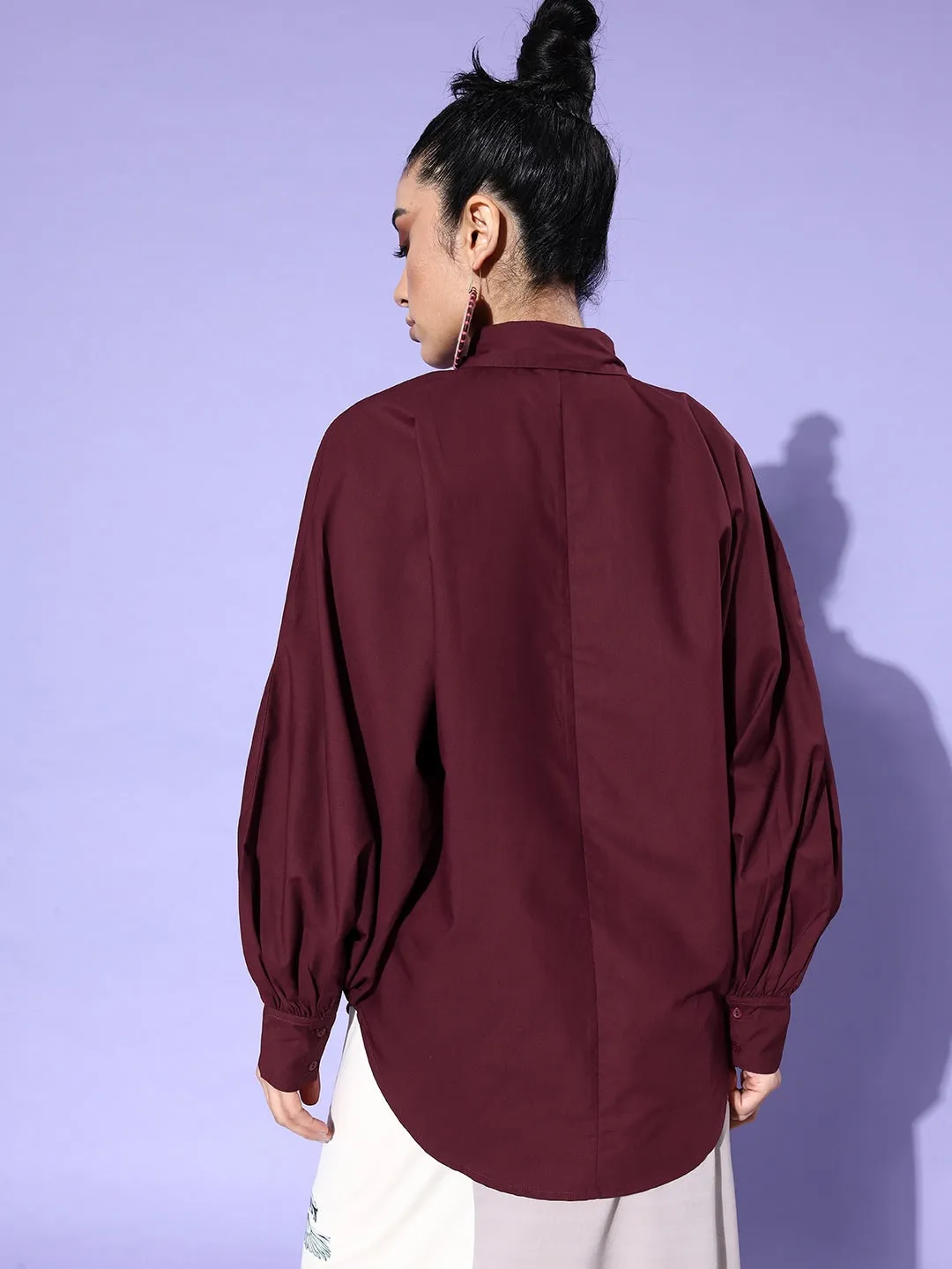 Style Quotient Women Solid Maroon Polycotton Smart Casual Oversized Shirt