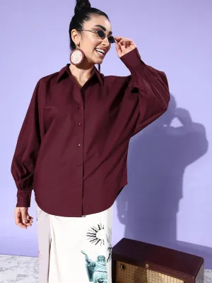 Style Quotient Women Solid Maroon Polycotton Smart Casual Oversized Shirt