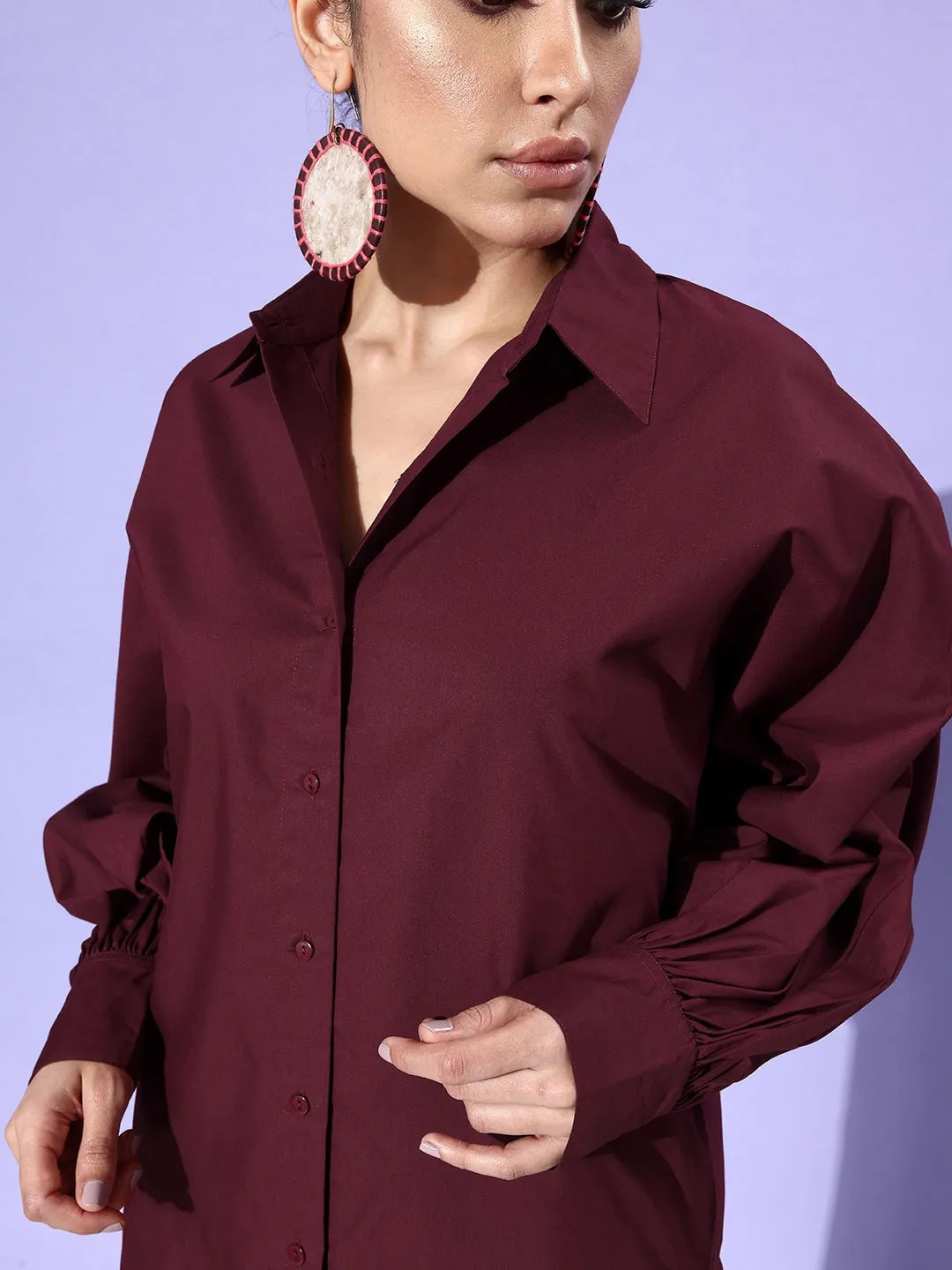 Style Quotient Women Solid Maroon Polycotton Smart Casual Oversized Shirt