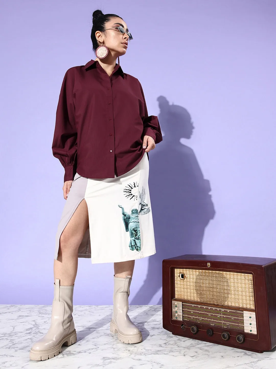 Style Quotient Women Solid Maroon Polycotton Smart Casual Oversized Shirt
