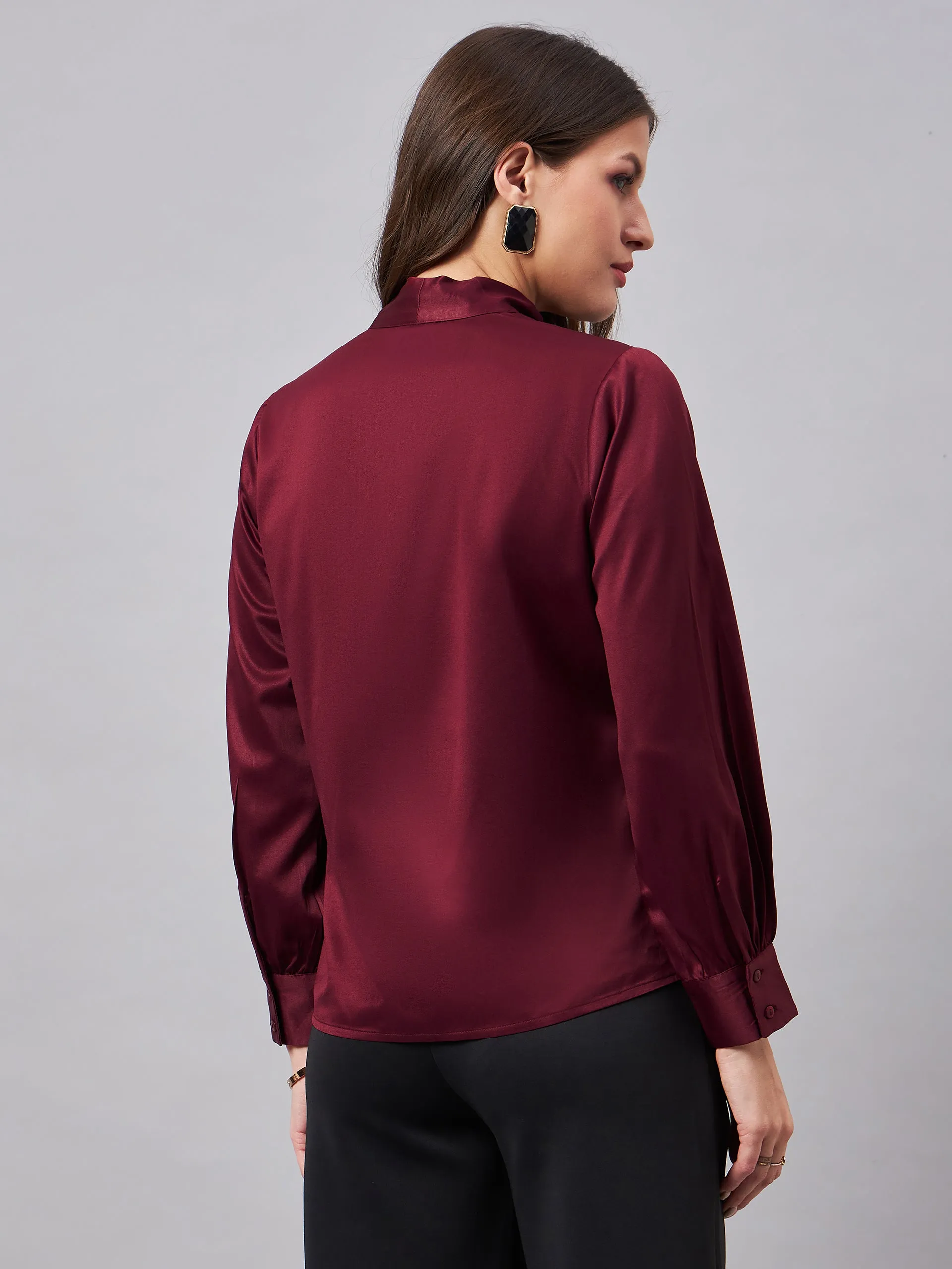 Style Quotient Women Solid Maroon Satin Tie up Regular Formal Shirt
