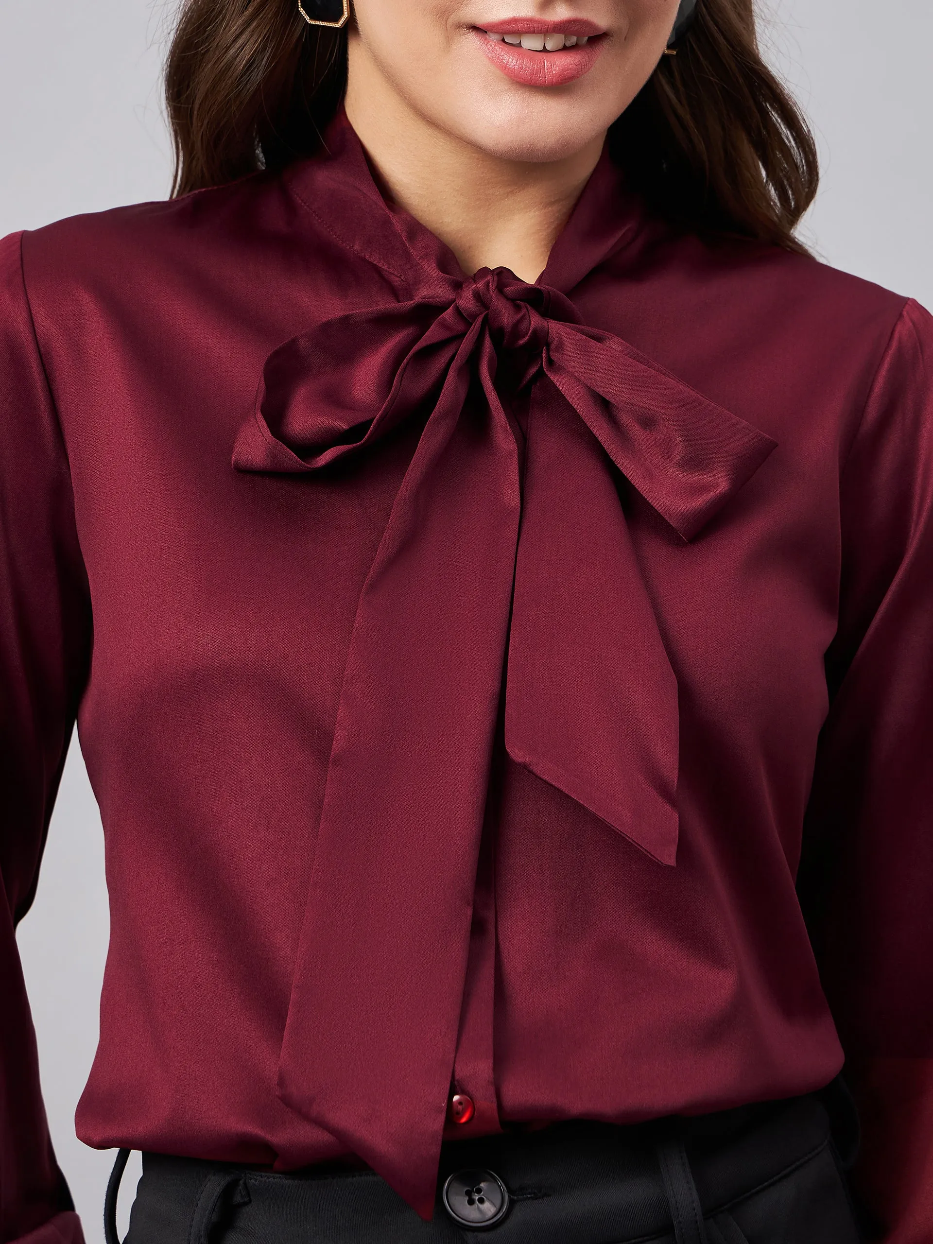Style Quotient Women Solid Maroon Satin Tie up Regular Formal Shirt
