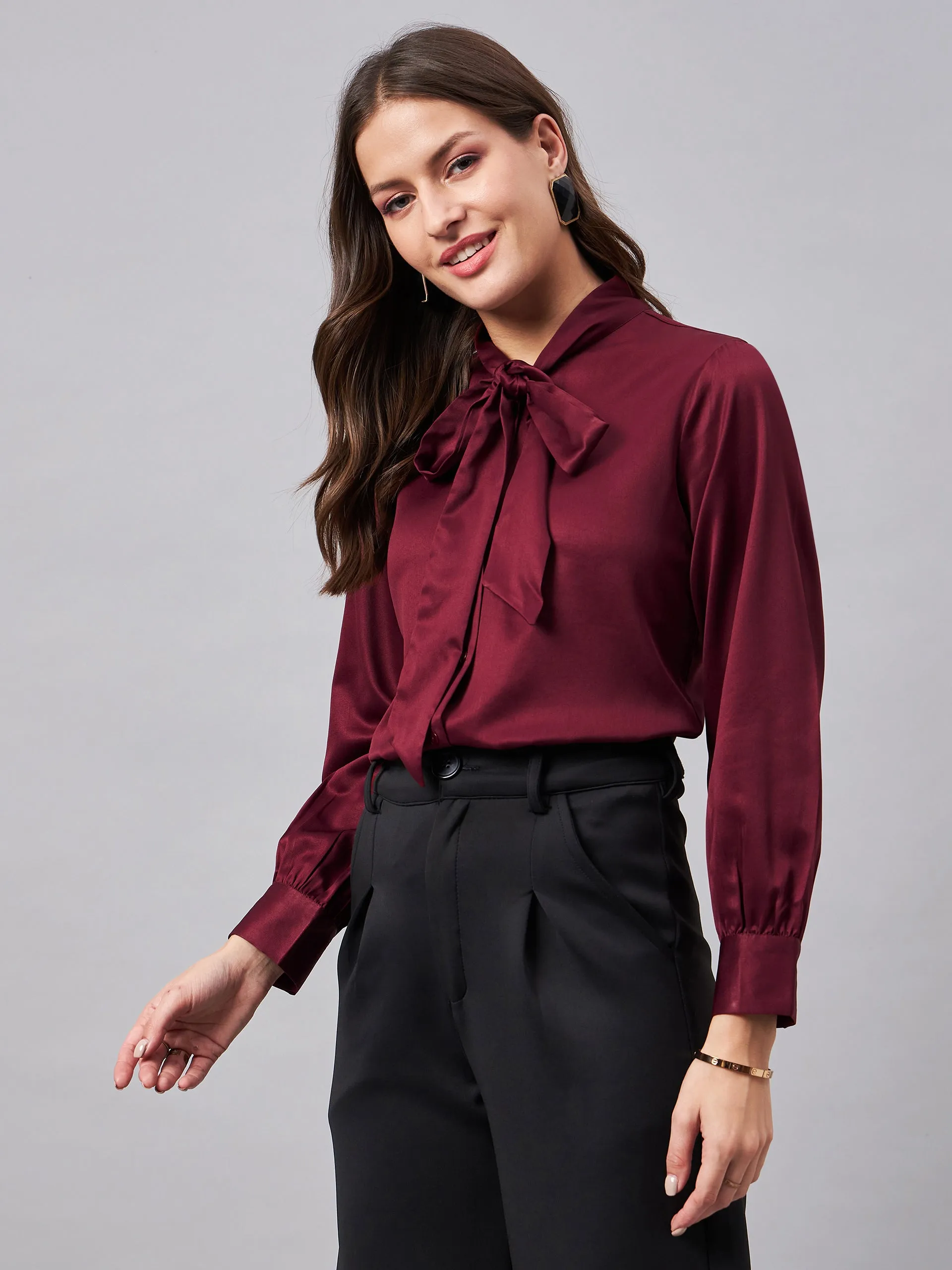 Style Quotient Women Solid Maroon Satin Tie up Regular Formal Shirt