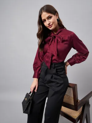 Style Quotient Women Solid Maroon Satin Tie up Regular Formal Shirt
