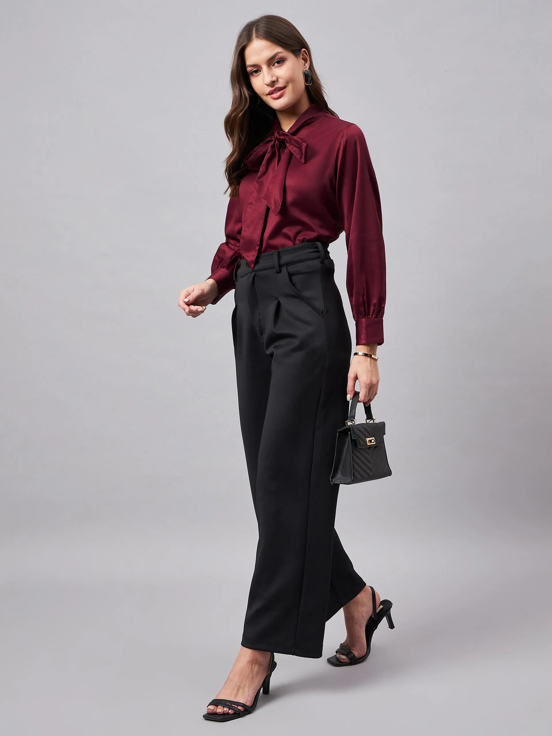 Style Quotient Women Solid Maroon Satin Tie up Regular Formal Shirt