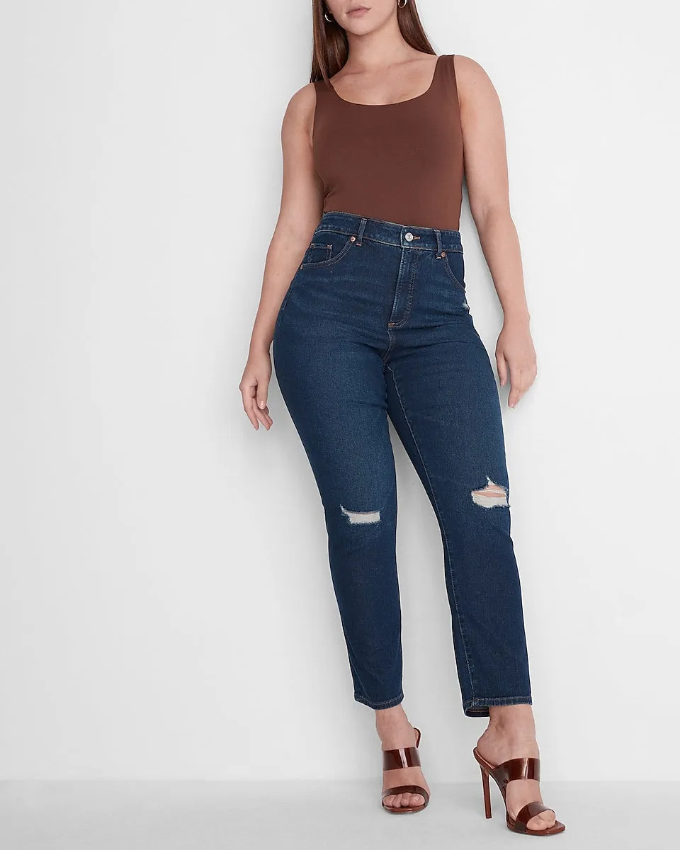 Super High Waisted Dark Wash Ripped Curvy Slim Jeans in Dark Wash