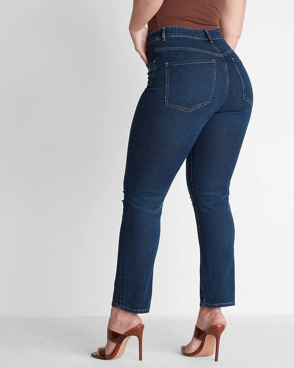 Super High Waisted Dark Wash Ripped Curvy Slim Jeans in Dark Wash