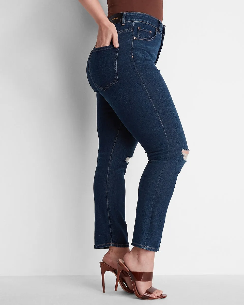 Super High Waisted Dark Wash Ripped Curvy Slim Jeans in Dark Wash