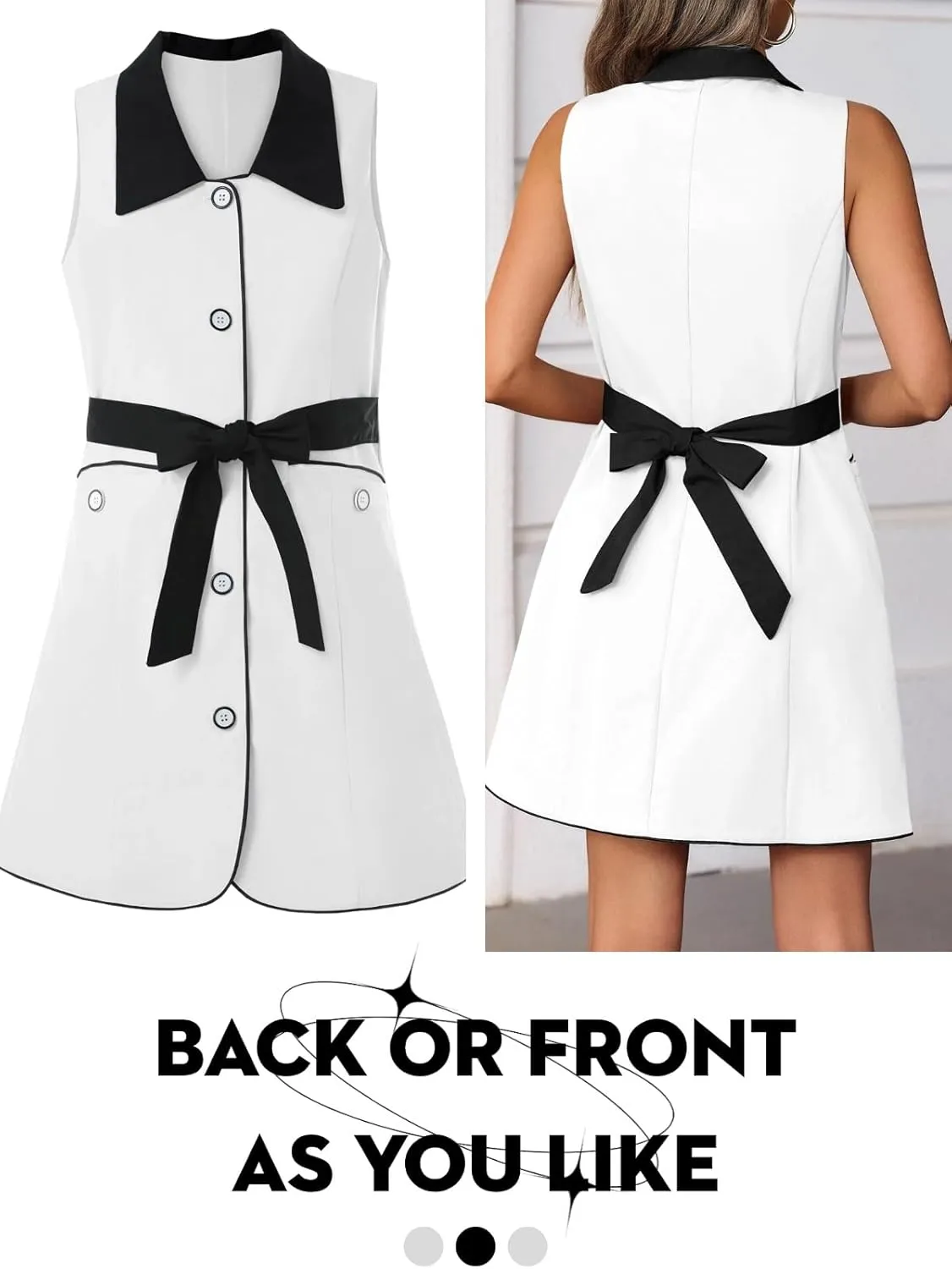 Wenrine Womens Button Down Work Dress Casual Self Tie Lapel Neck Sleeveless Business Blazer Mini Dresses