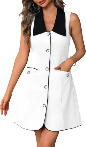 Wenrine Womens Button Down Work Dress Casual Self Tie Lapel Neck Sleeveless Business Blazer Mini Dresses