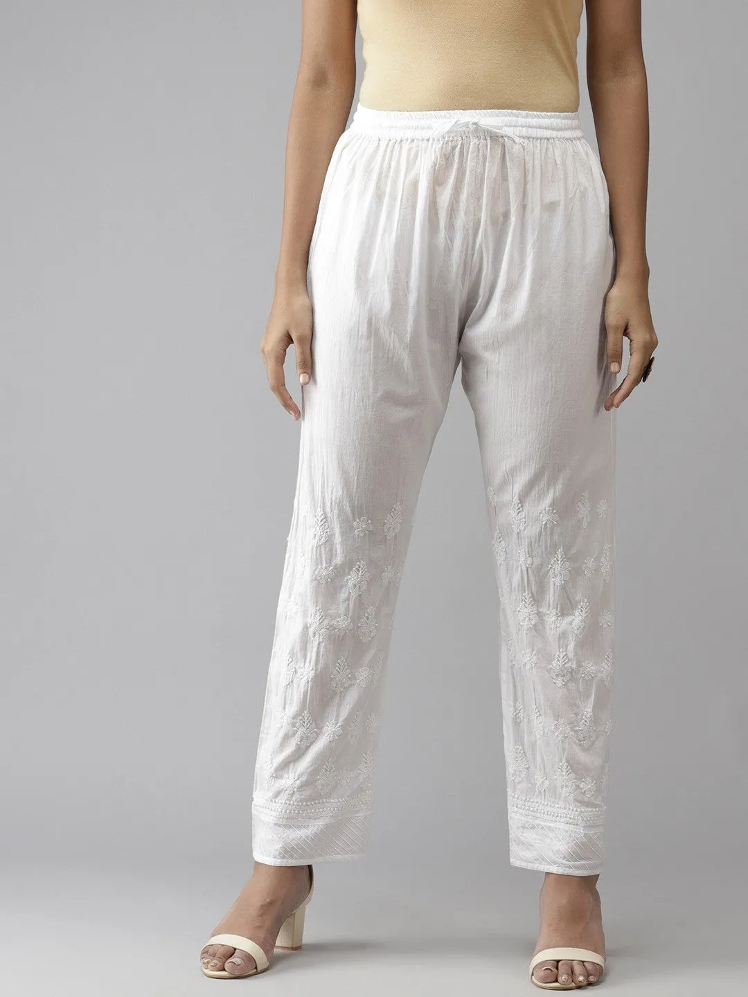 White Cotton Chikankari Sustainable Trousers