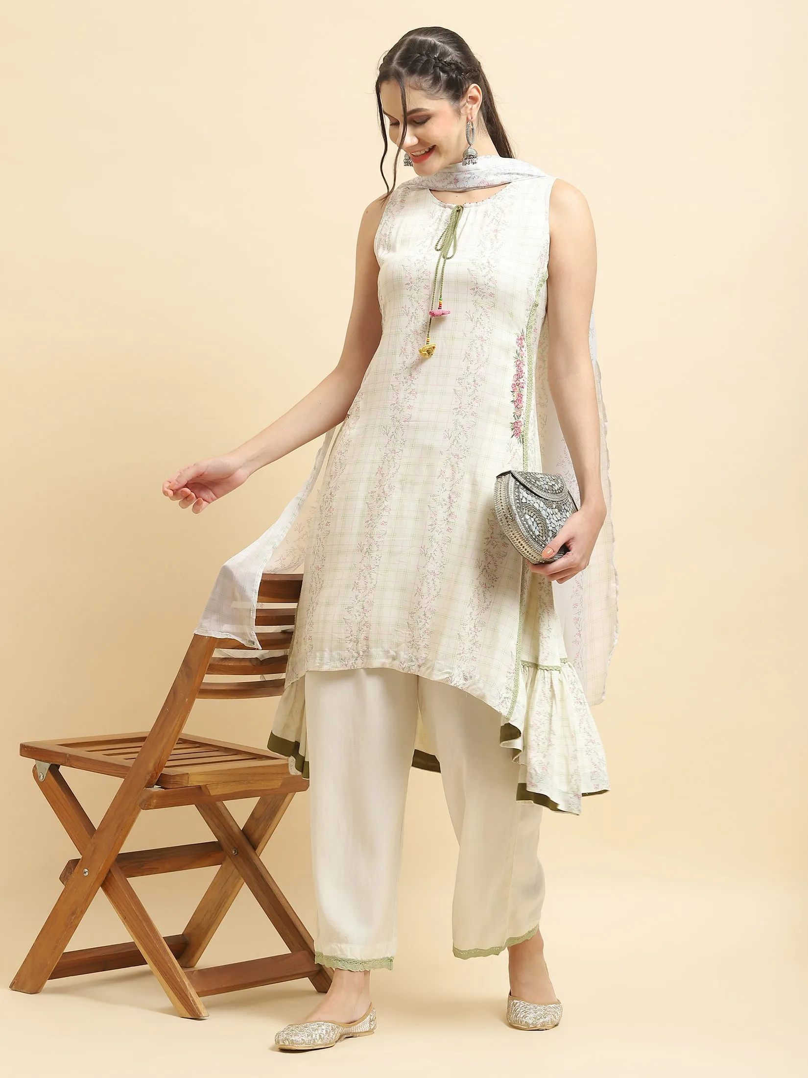Women Liva Rayon White Floral Print Kurta Comfort Pant Dupatta
