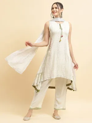 Women Liva Rayon White Floral Print Kurta Comfort Pant Dupatta